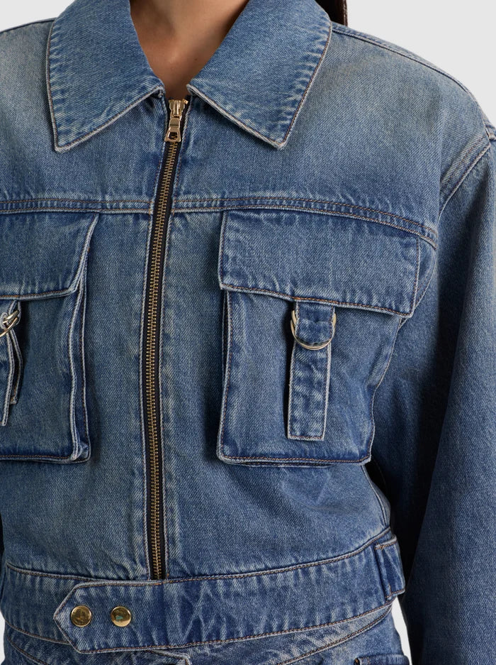 LEROY CROPPED DENIM AVIATOR JACKET-FLORENCE VINTAGE BLUE-ALICE + OLIVIA