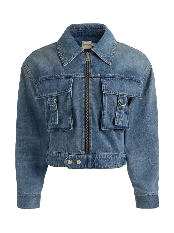 LEROY CROPPED DENIM AVIATOR JACKET-FLORENCE VINTAGE BLUE-ALICE + OLIVIA