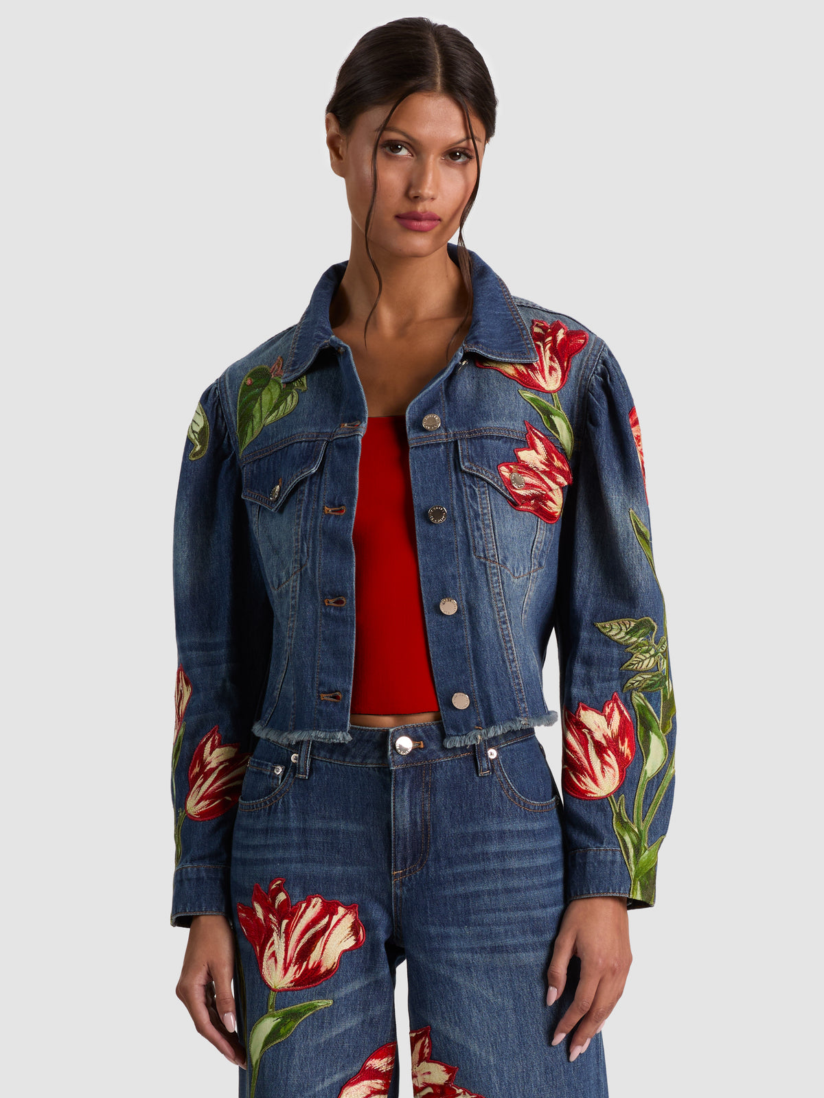 ELIJAH EMBROIDERED DENIM JACKET - FREYJA BLUE/SOFT TULIP