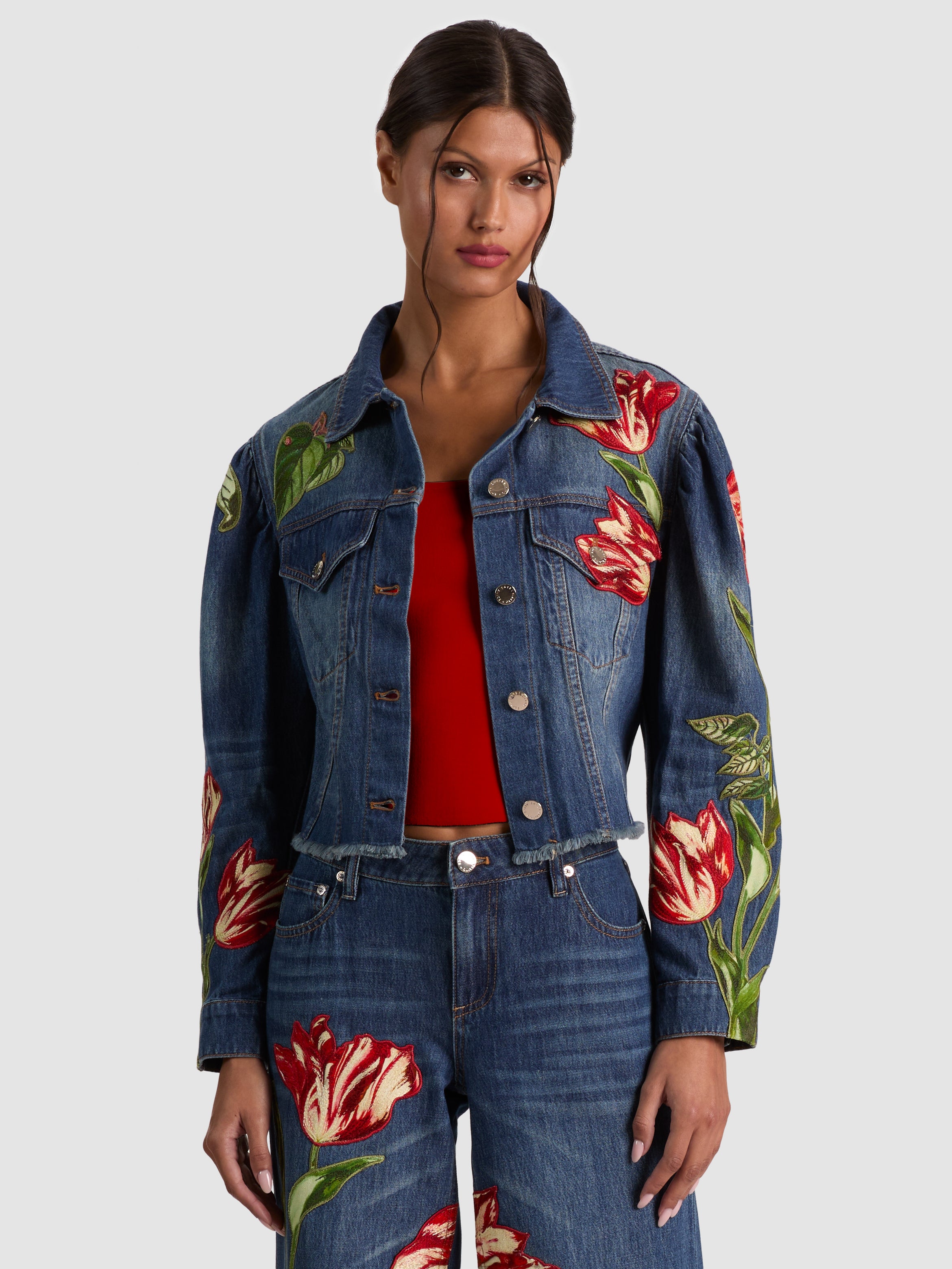 ELIJAH EMBROIDERED DENIM JACKET- FREYJA BLUE/SOFT TULIP-ALICE + OLIVIA