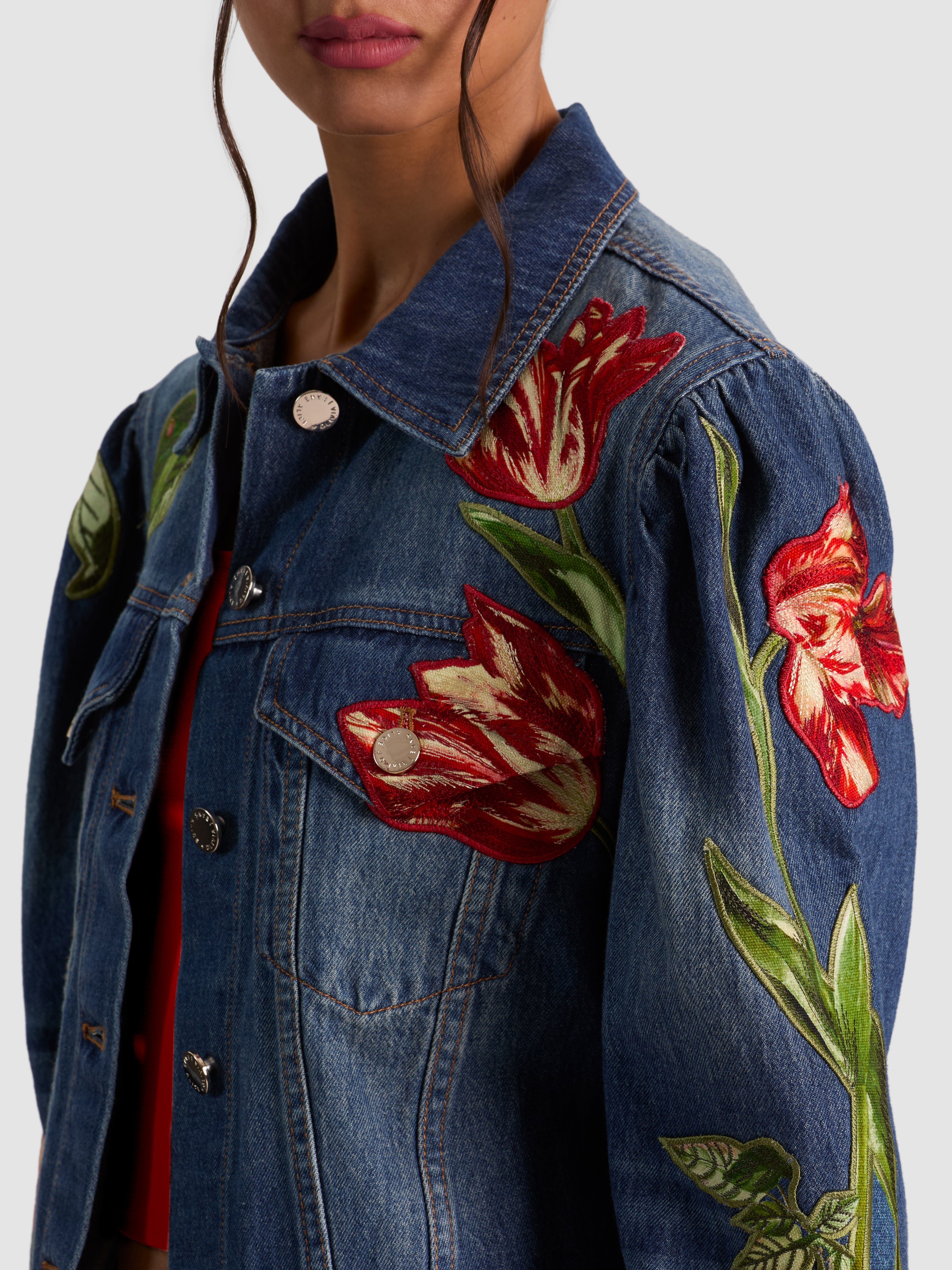 ELIJAH EMBROIDERED DENIM JACKET- FREYJA BLUE/SOFT TULIP-ALICE + OLIVIA