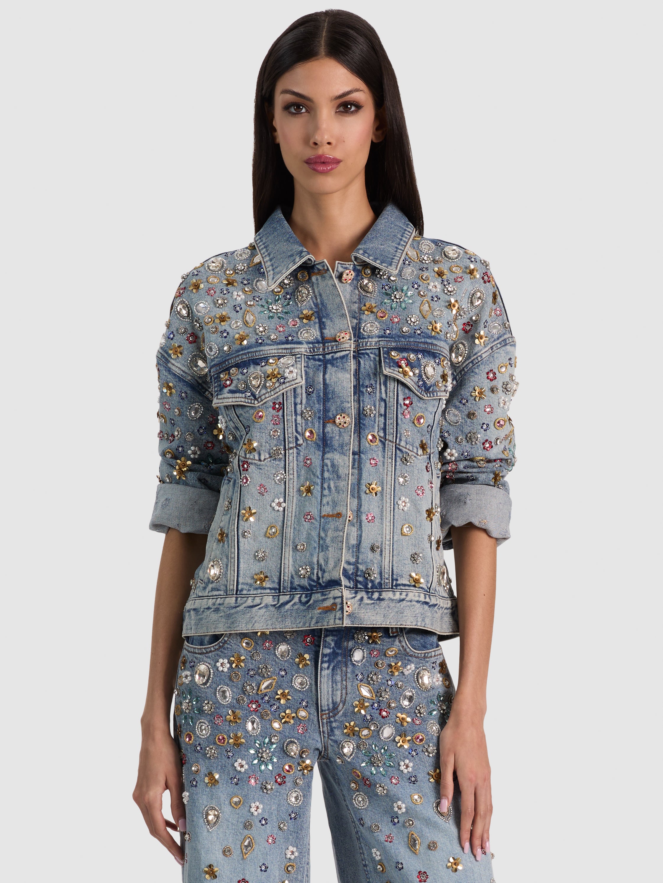 JESSE EMBELL OVERSIZED DENIM TRUCKER JACKET-ALICE + OLIVIA