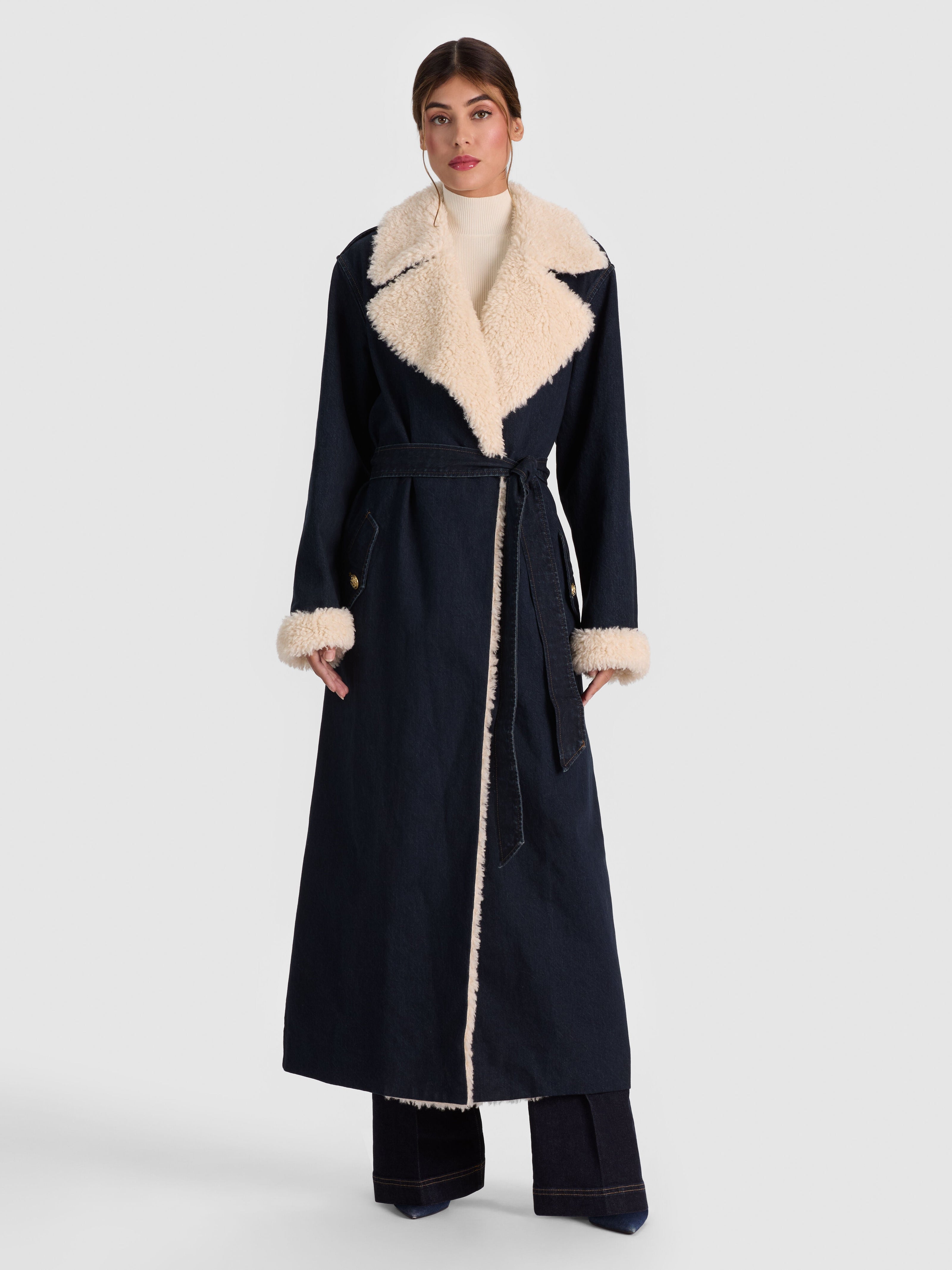 NEVADA FAUX SHEARLING DENIM TRENCH COAT-ALICE + OLIVIA