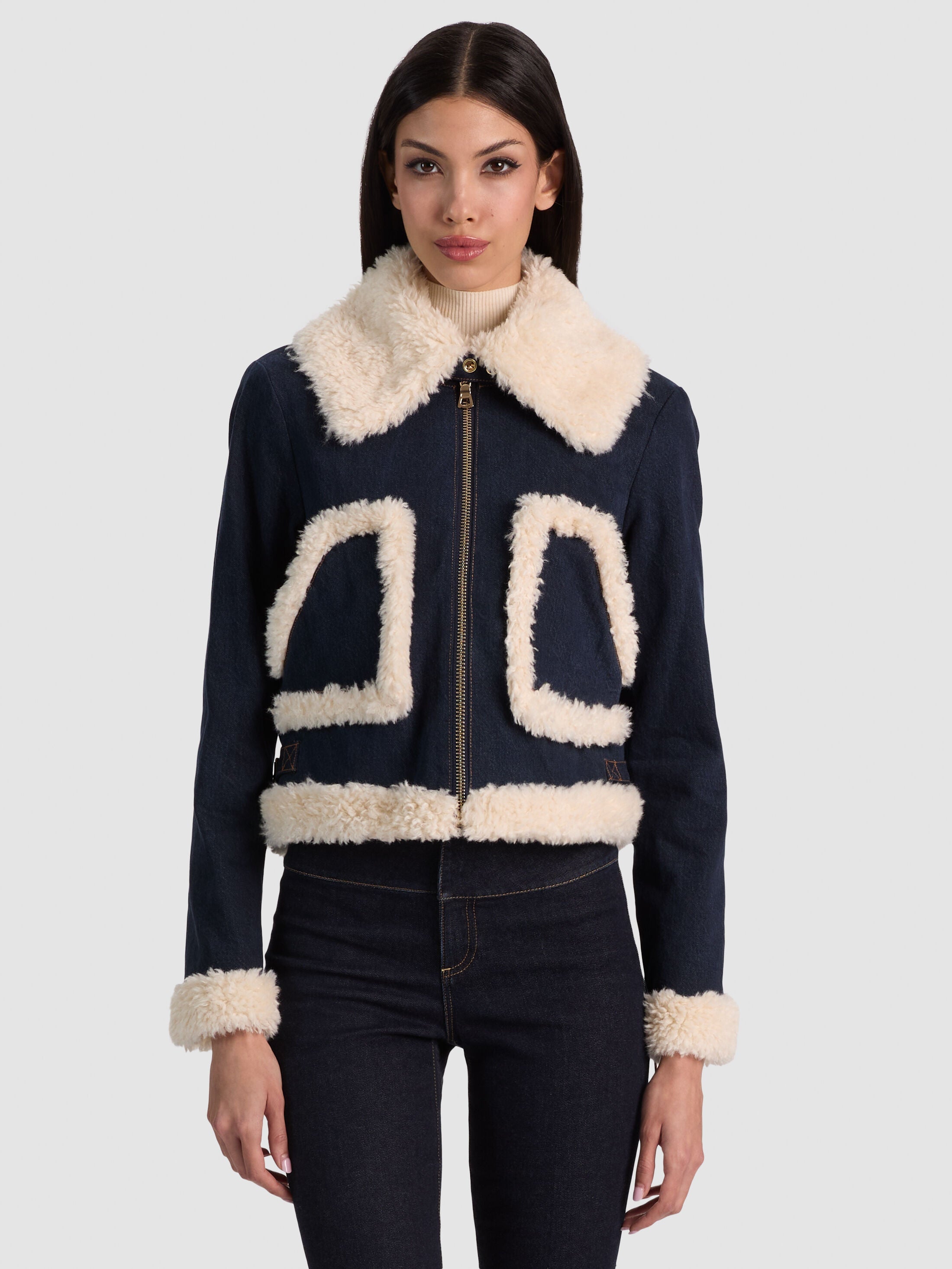 ISAIAH FAUX SHEARLING DENIM AVIATOR JACKET-ALICE + OLIVIA