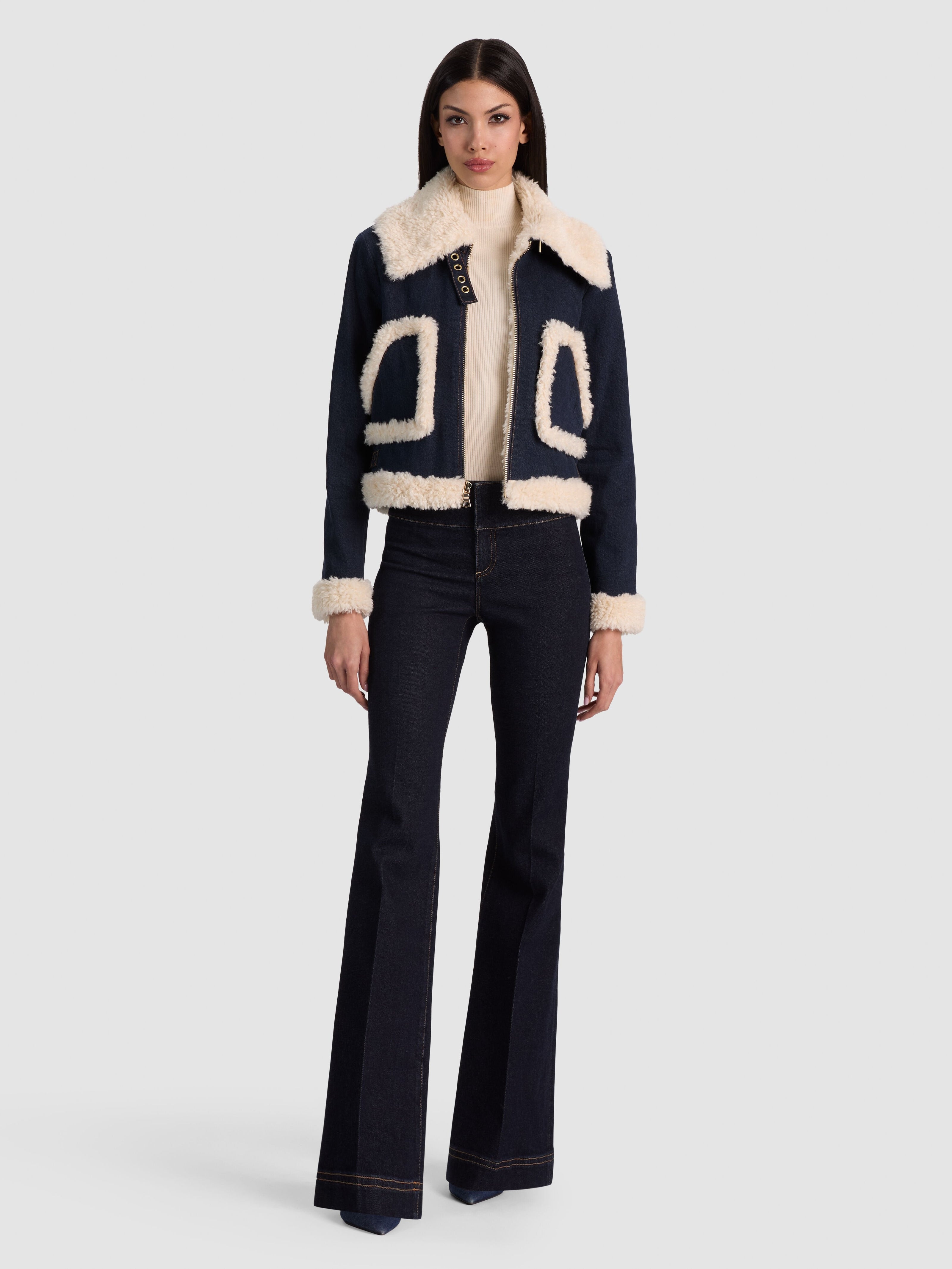 ISAIAH FAUX SHEARLING DENIM AVIATOR JACKET-ALICE + OLIVIA