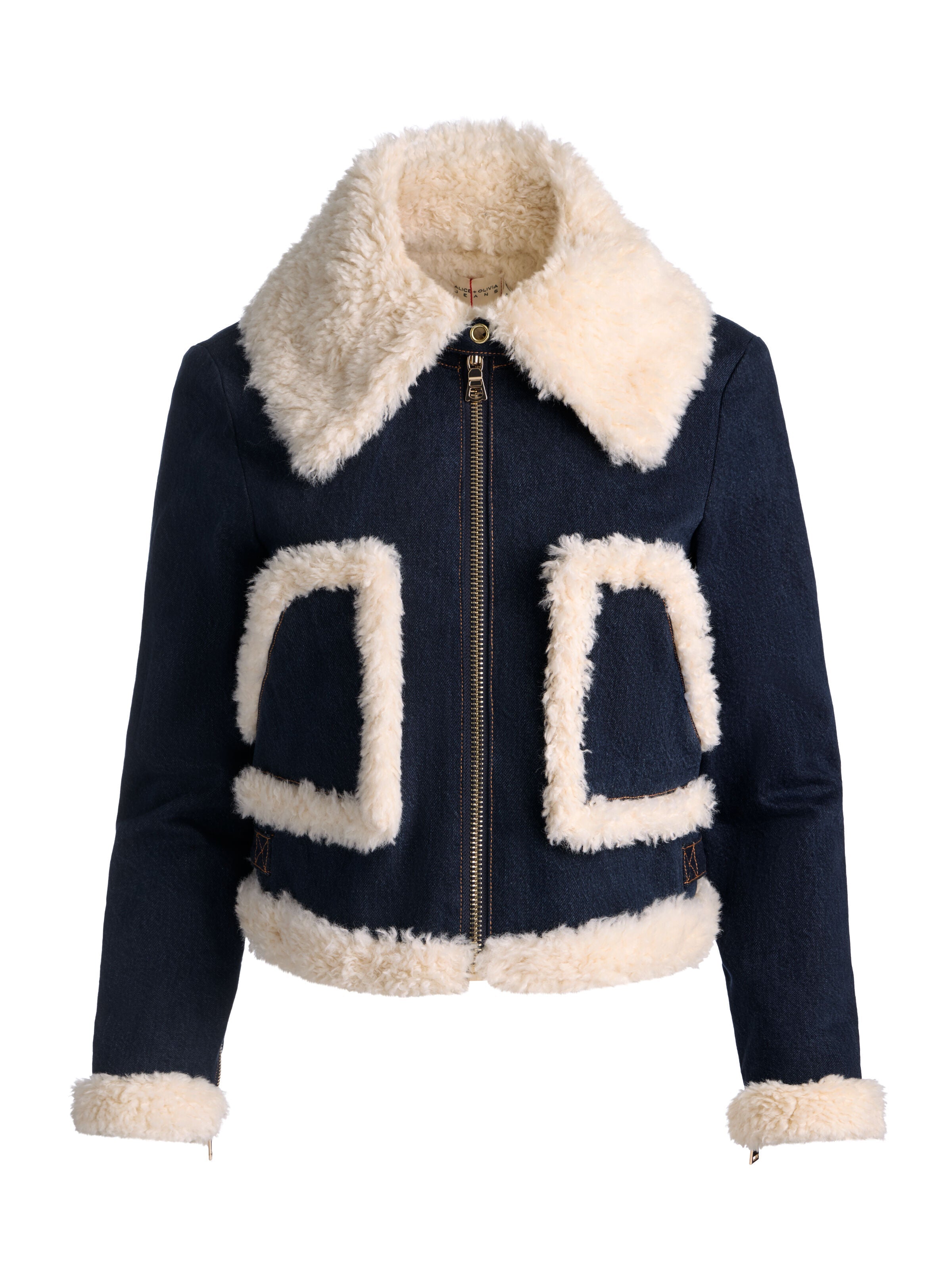 ISAIAH FAUX SHEARLING DENIM AVIATOR JACKET-ALICE + OLIVIA