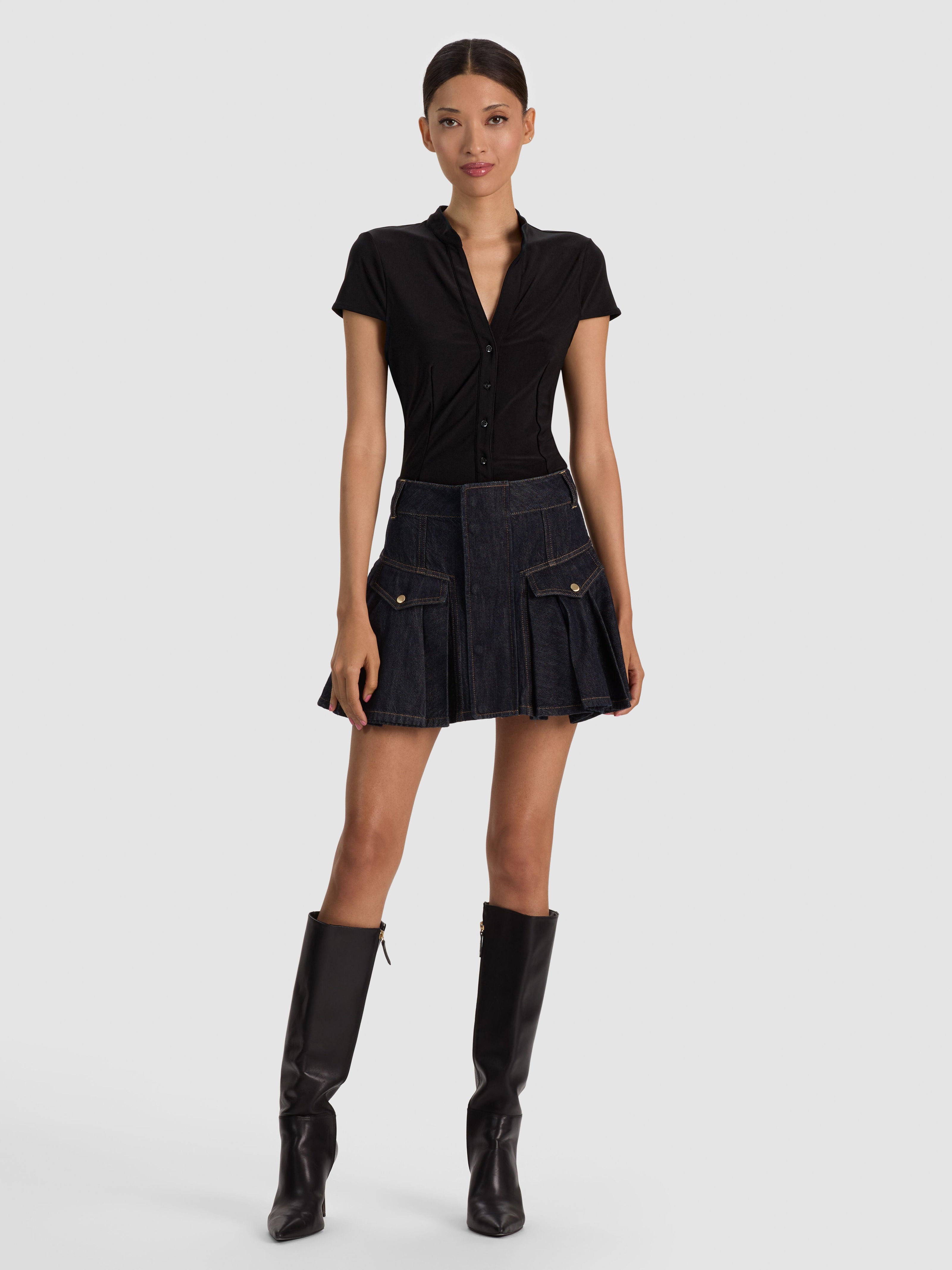TRINITY DENIM RUFFLE SKIRT-DARK RINSE-ALICE + OLIVIA