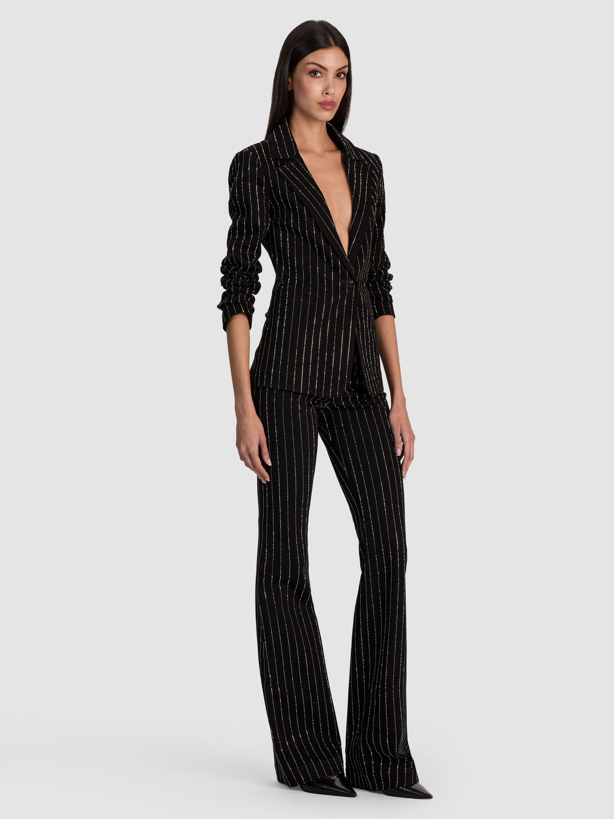 MACEY EMBELL NOTCH COLLAR FITTED DENIM BLAZER - BLACK/CLEAR CRYSTAL