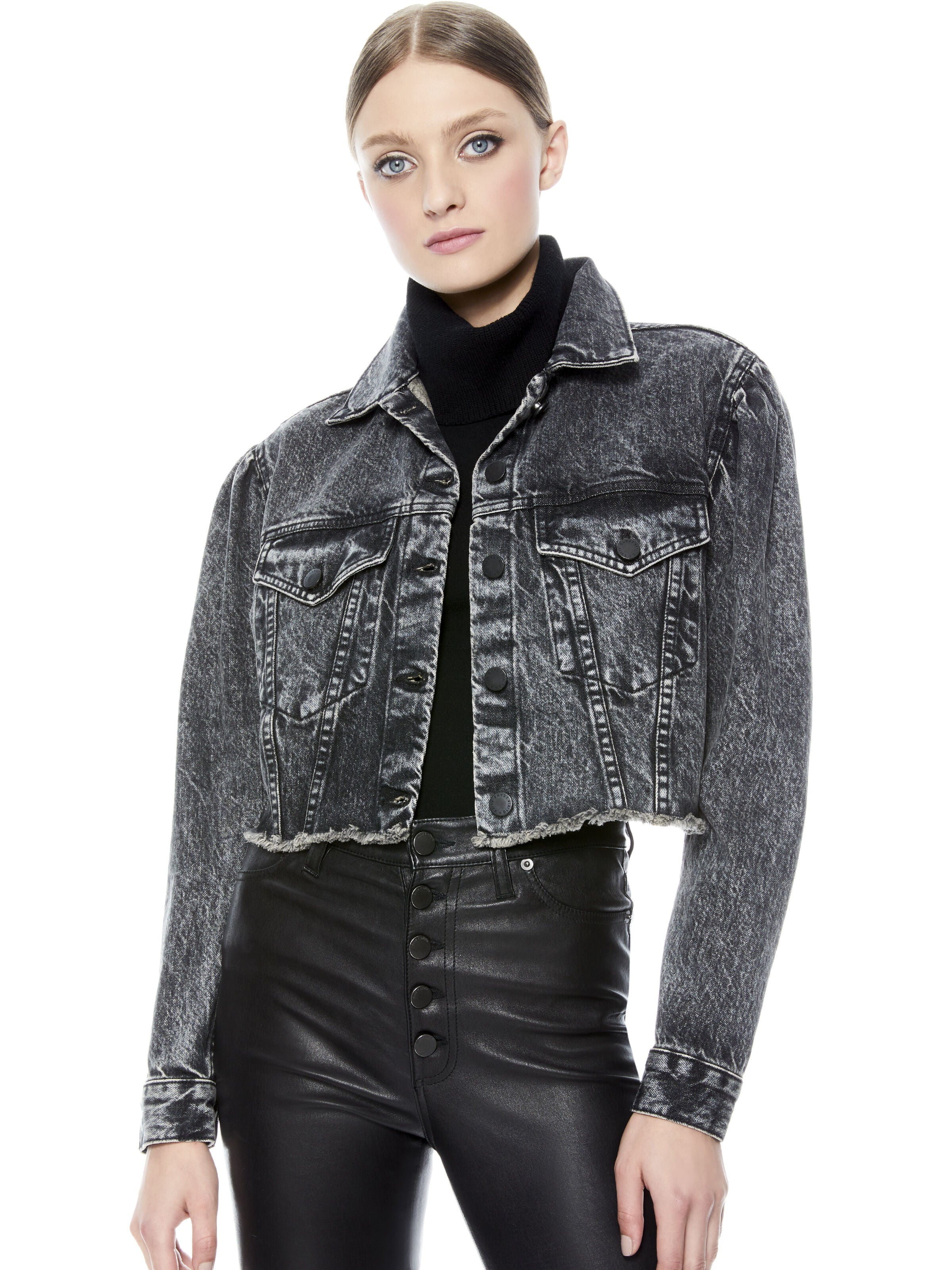CROPPED PUFF SLEEVE JACKET-ACID BLACK-ALICE + OLIVIA