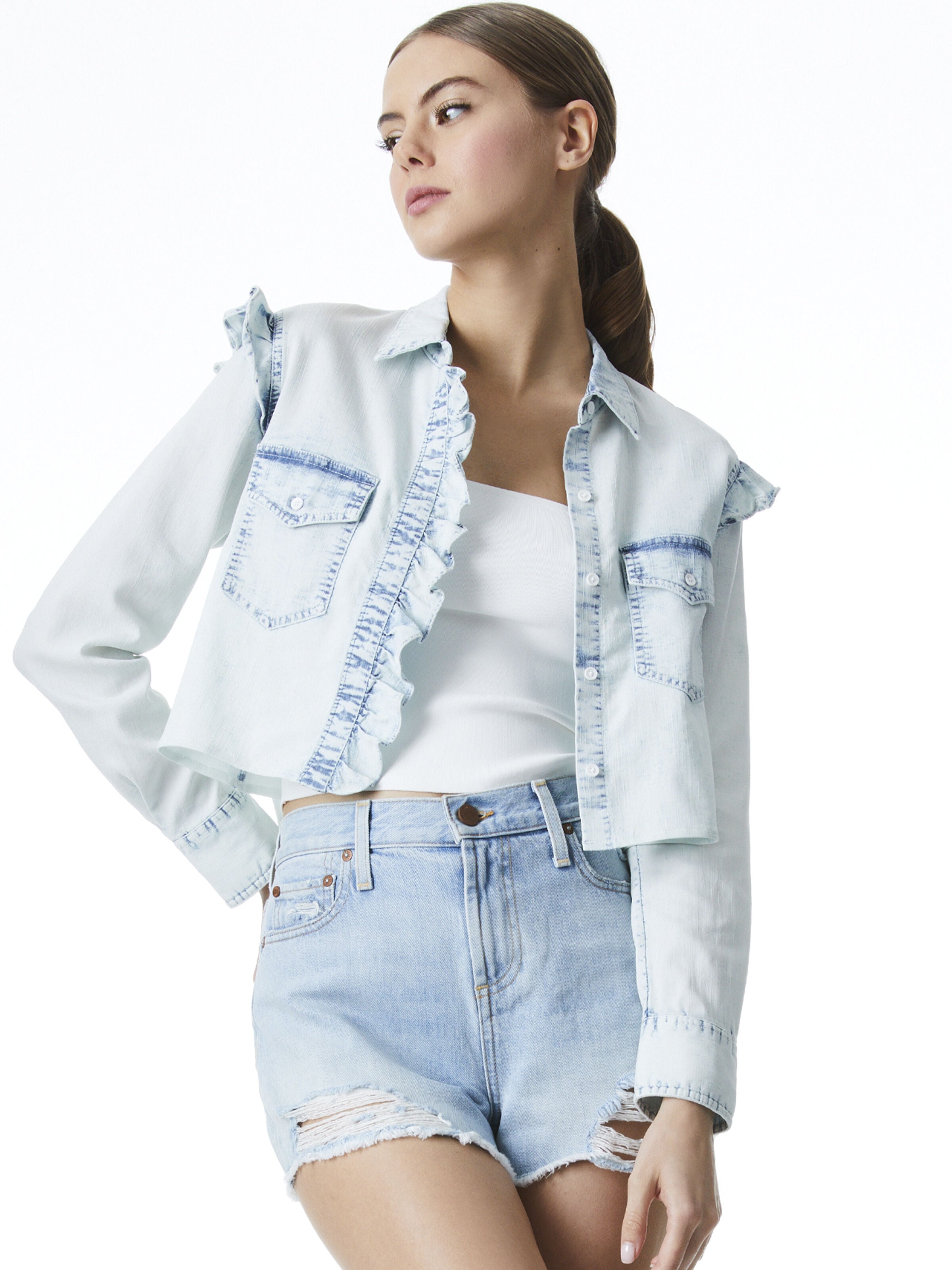 HANNAH RUFFLE SLEEVE BUTTON DOWN-OCEAN BLUES-ALICE + OLIVIA