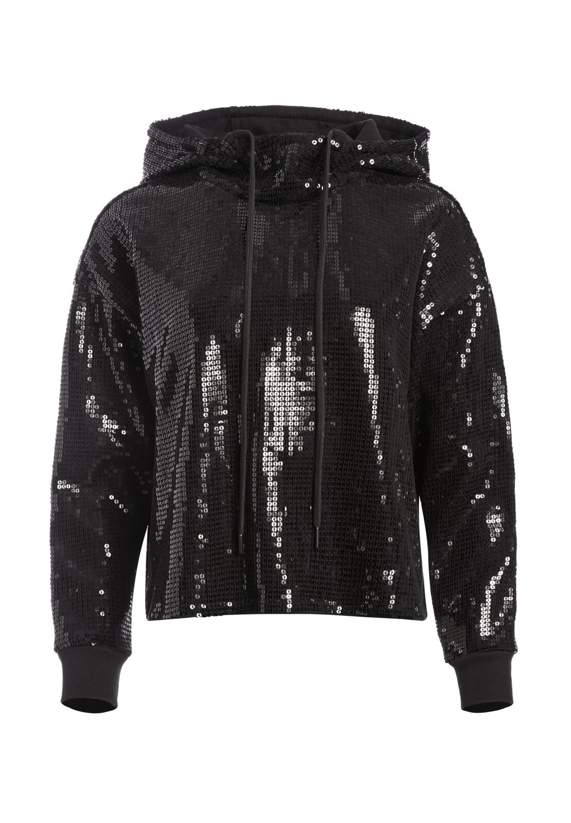 NIKI SEQUIN FUNNEL NECK HOODIE-Black-ALICE + OLIVIA