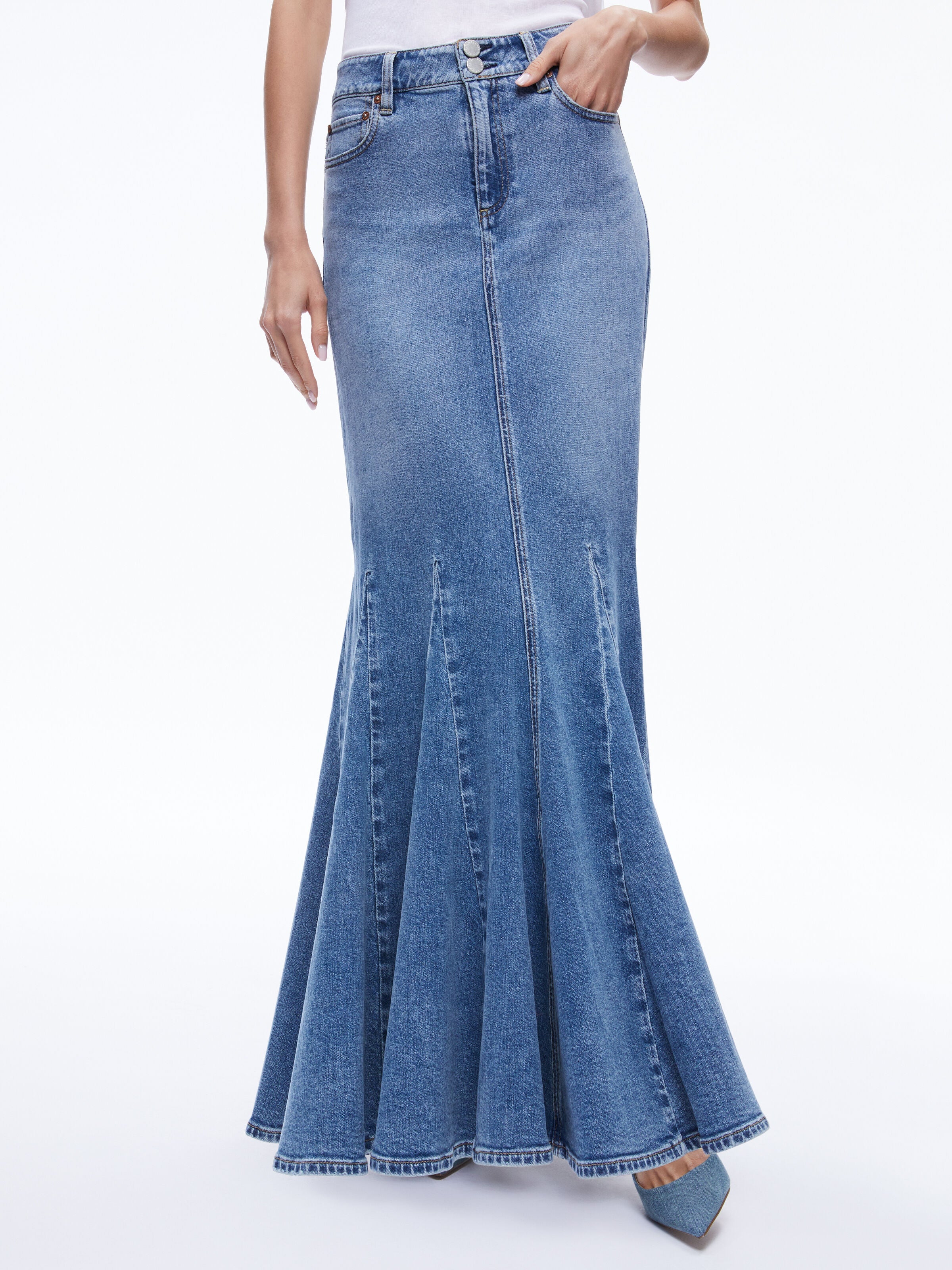 NALA DENIM GODET MAXI SKIRT-ALICE + OLIVIA