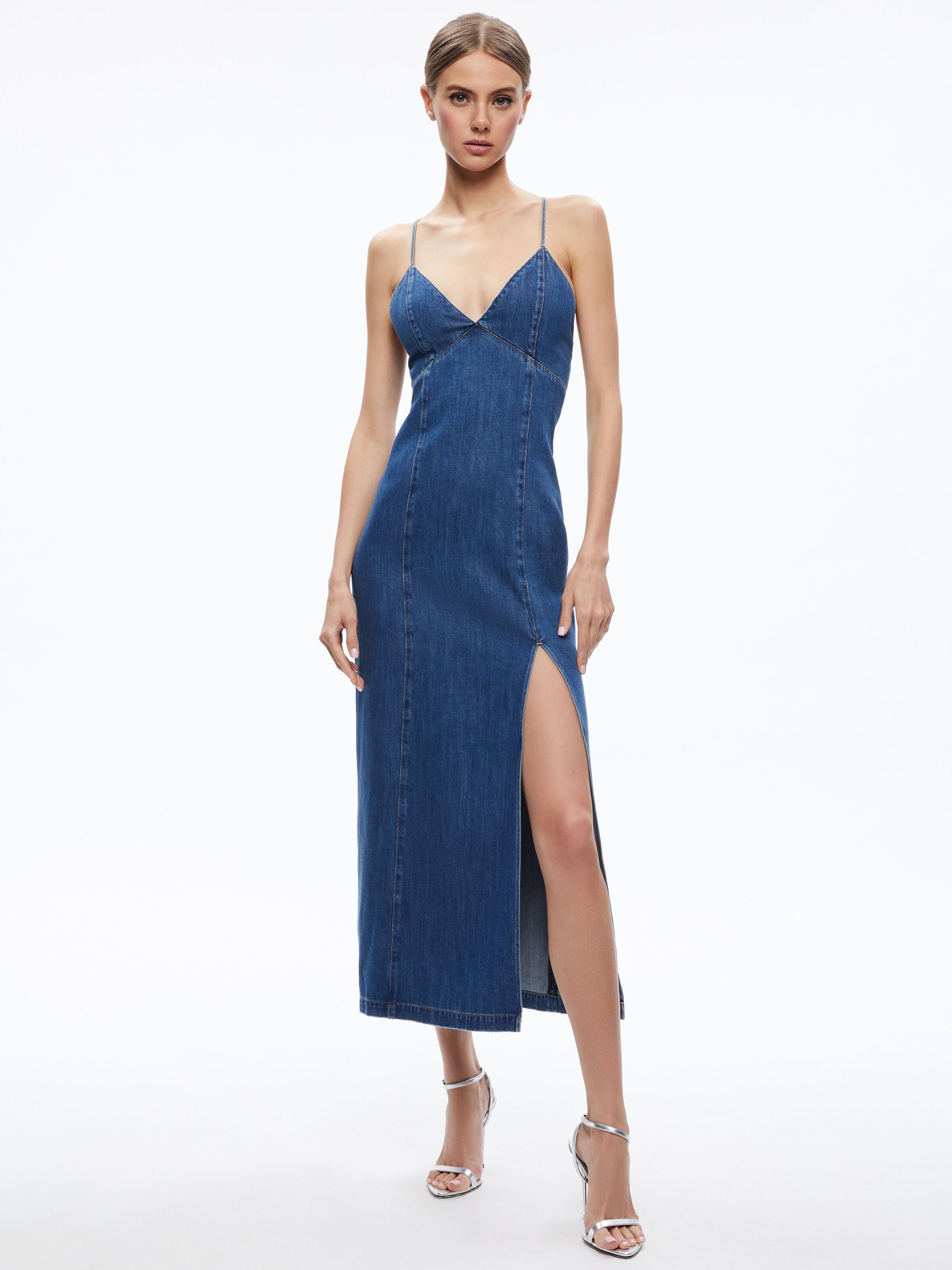 JULIETTA DENIM SLIP DRESS WITH SLIT