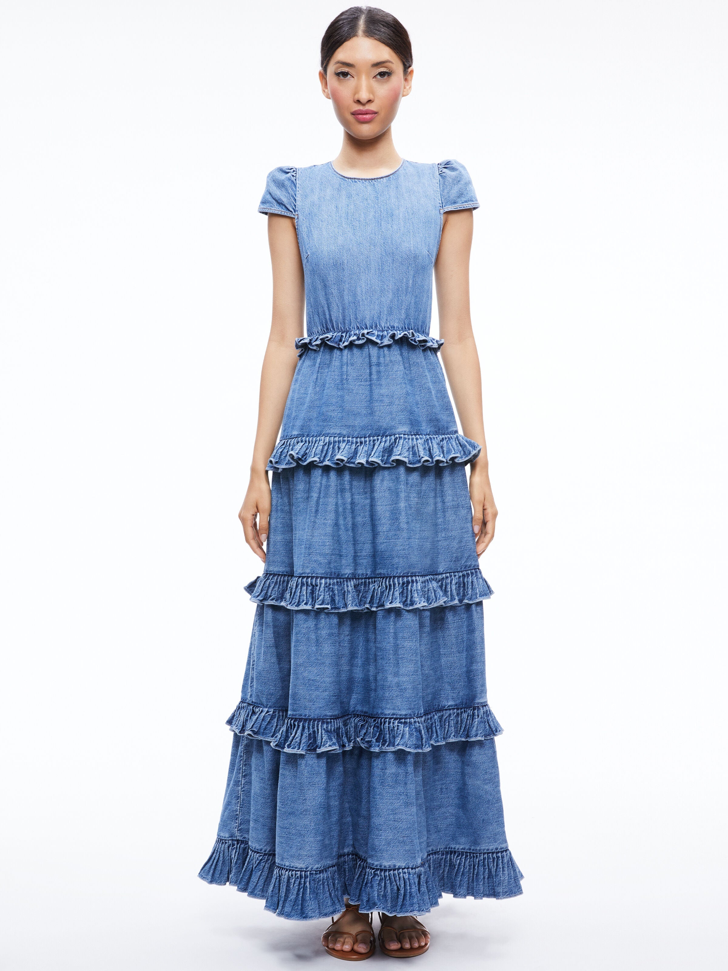 CADBY DENIM RUFFLED MAXI DRESS-ALICE + OLIVIA