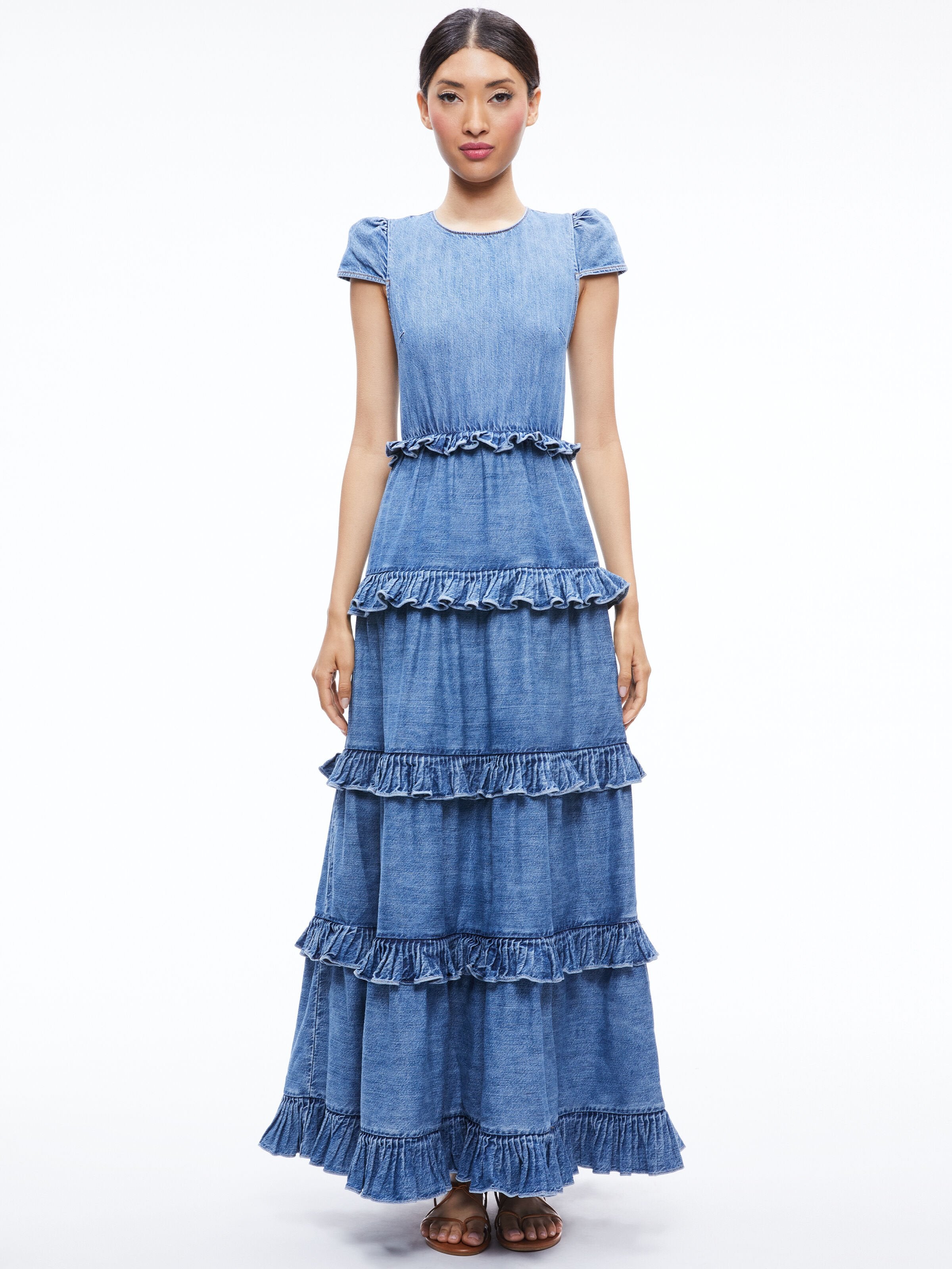 CADBY DENIM RUFFLED MAXI DRESS-ALICE + OLIVIA