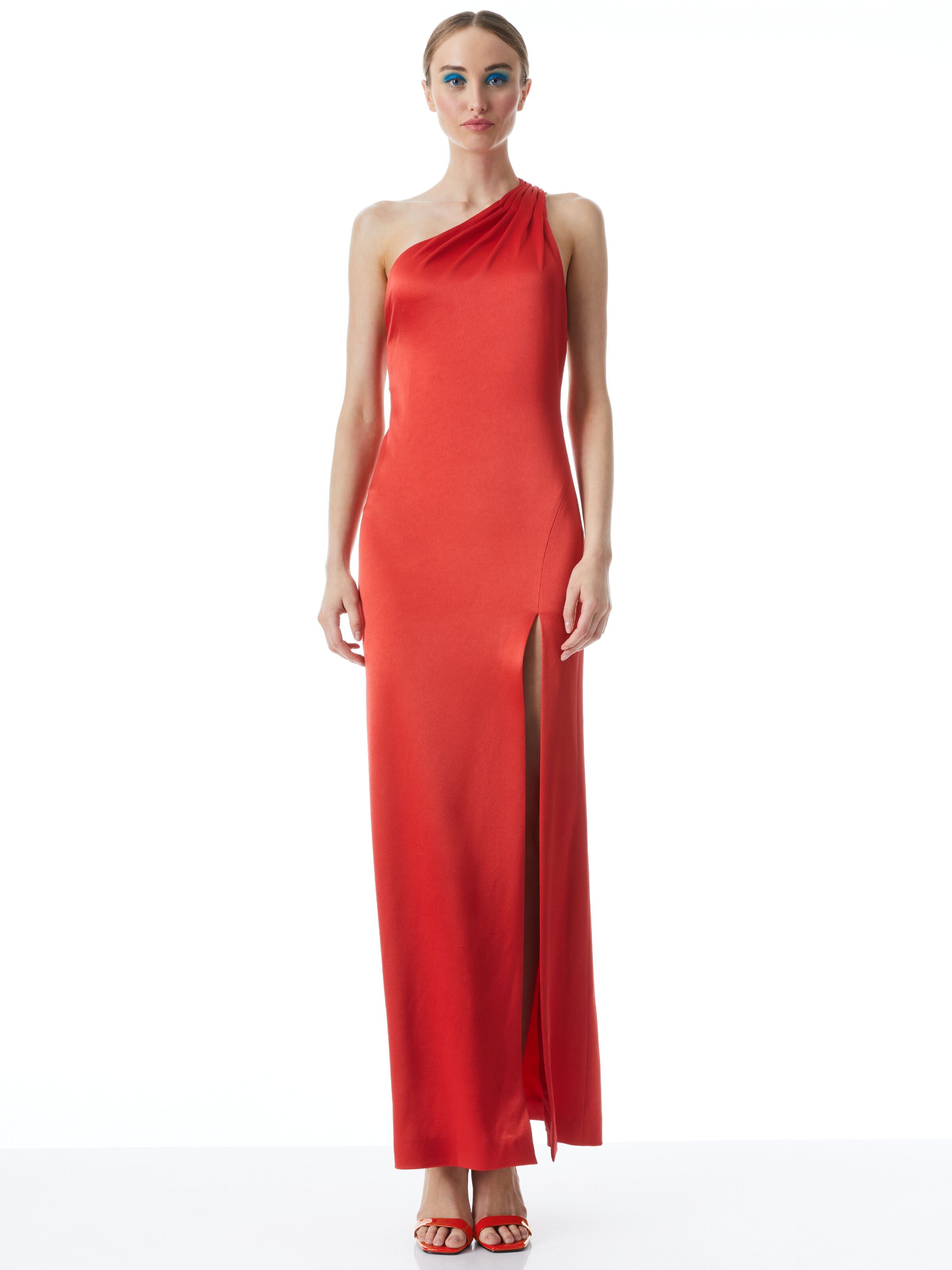 PAULETTE ONE SHOULDER FITTED GOWN-BRIGHT POPPY-ALICE + OLIVIA