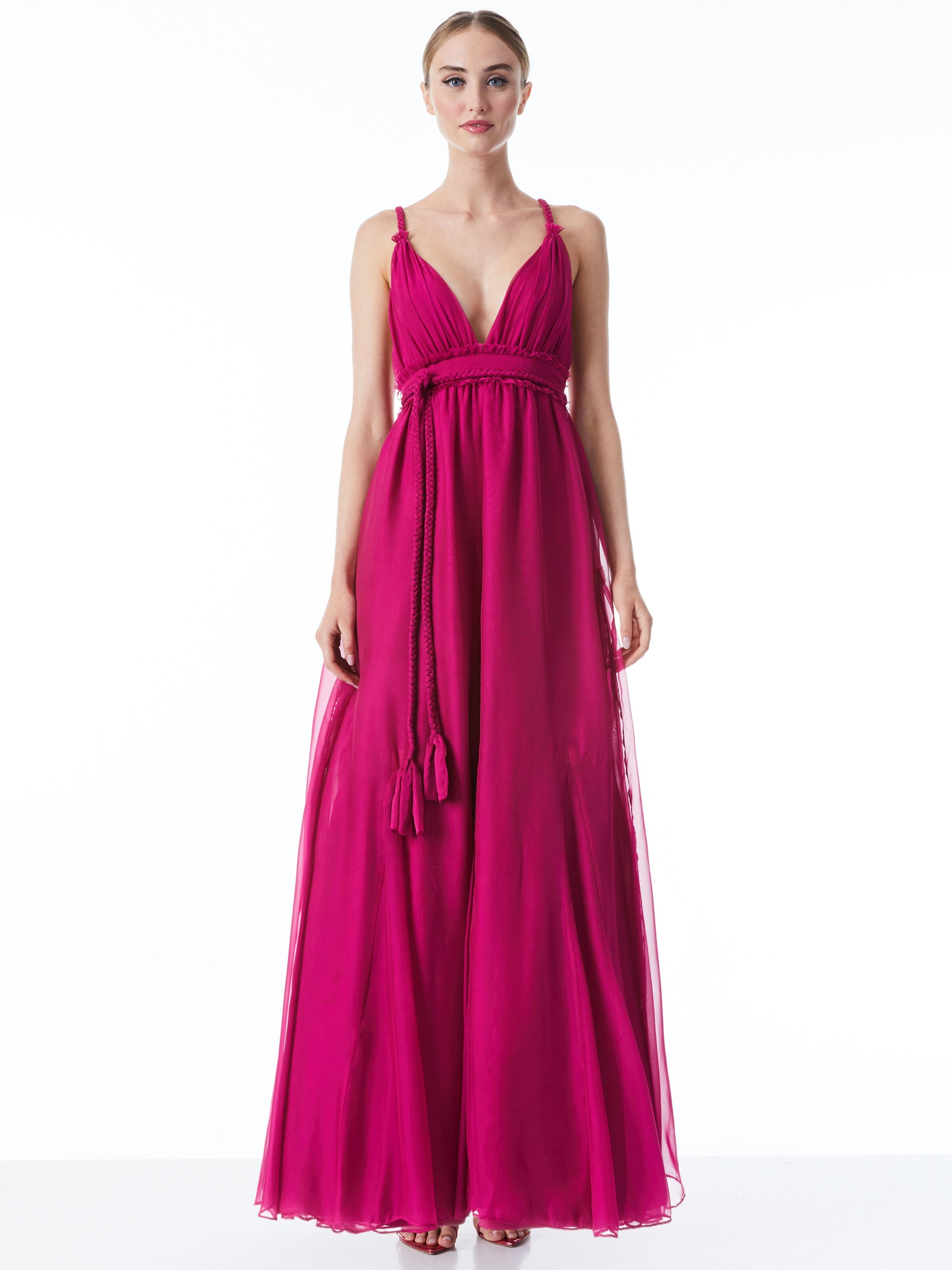 CARISA DEEP V-NECK GOWN WITH BRAIDED BELT-ALICE + OLIVIA