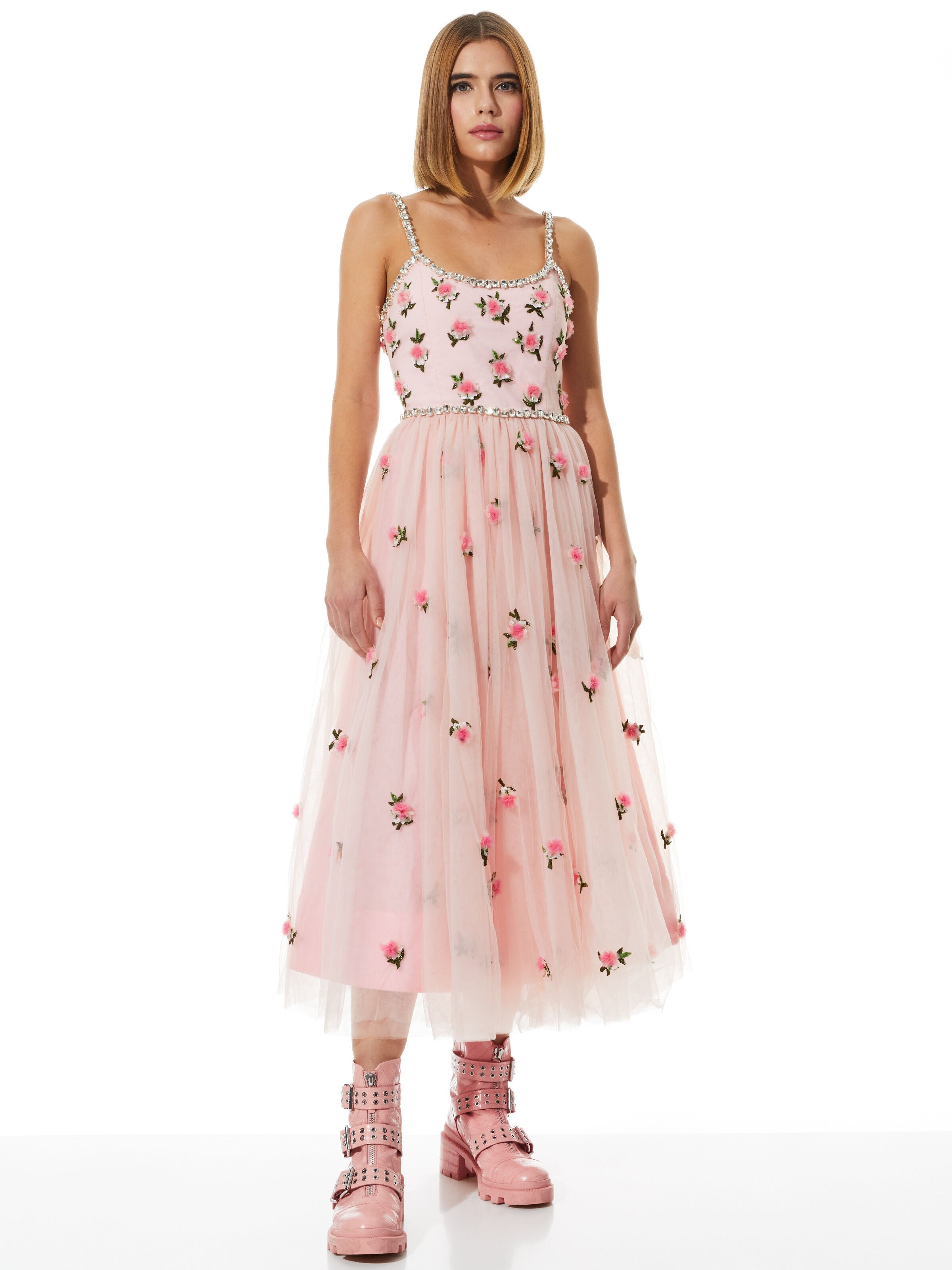 LUPITA CRYSTAL STRAP EMBELLISHED TULLE MIDI GOWN