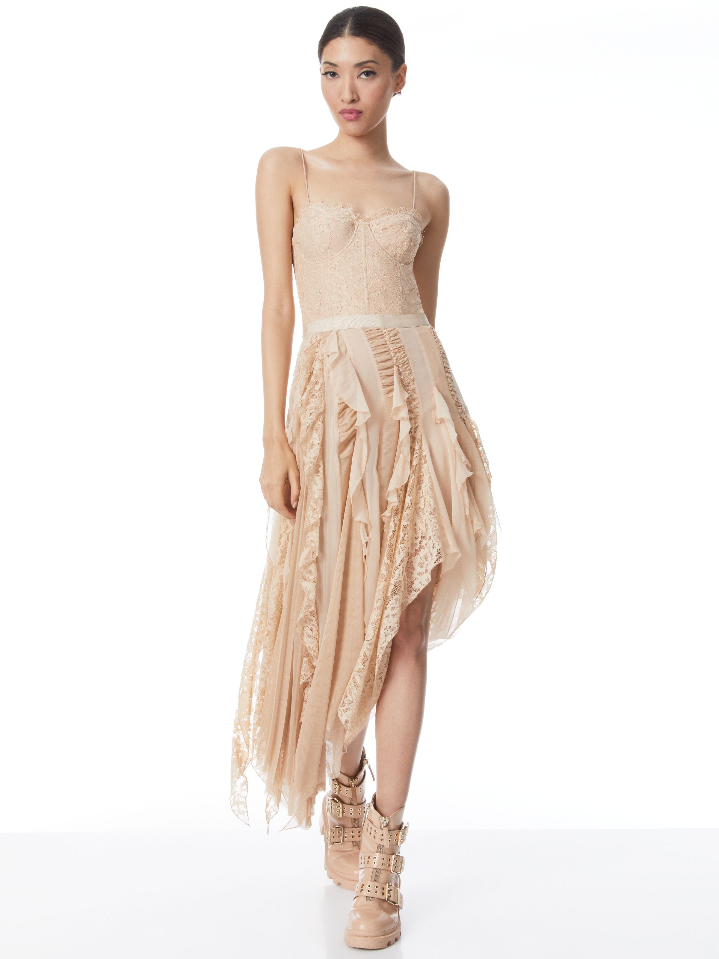 MARITZA BUSTIER ASYMMETRIC MIDI DRESS-ALMOND-ALICE + OLIVIA