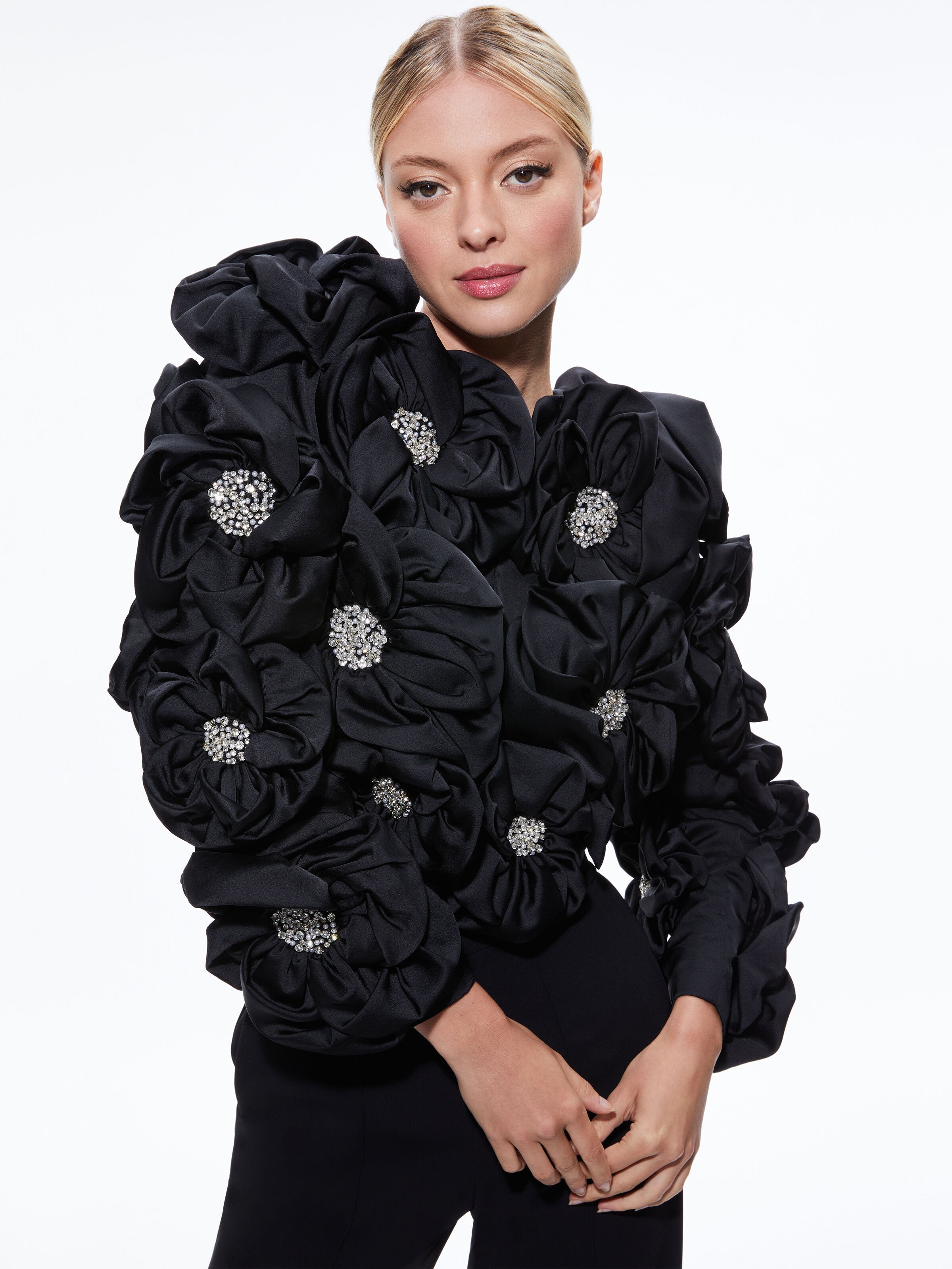 LORNA CROPPED FLORAL APPLIQUE JACKET-ALICE + OLIVIA