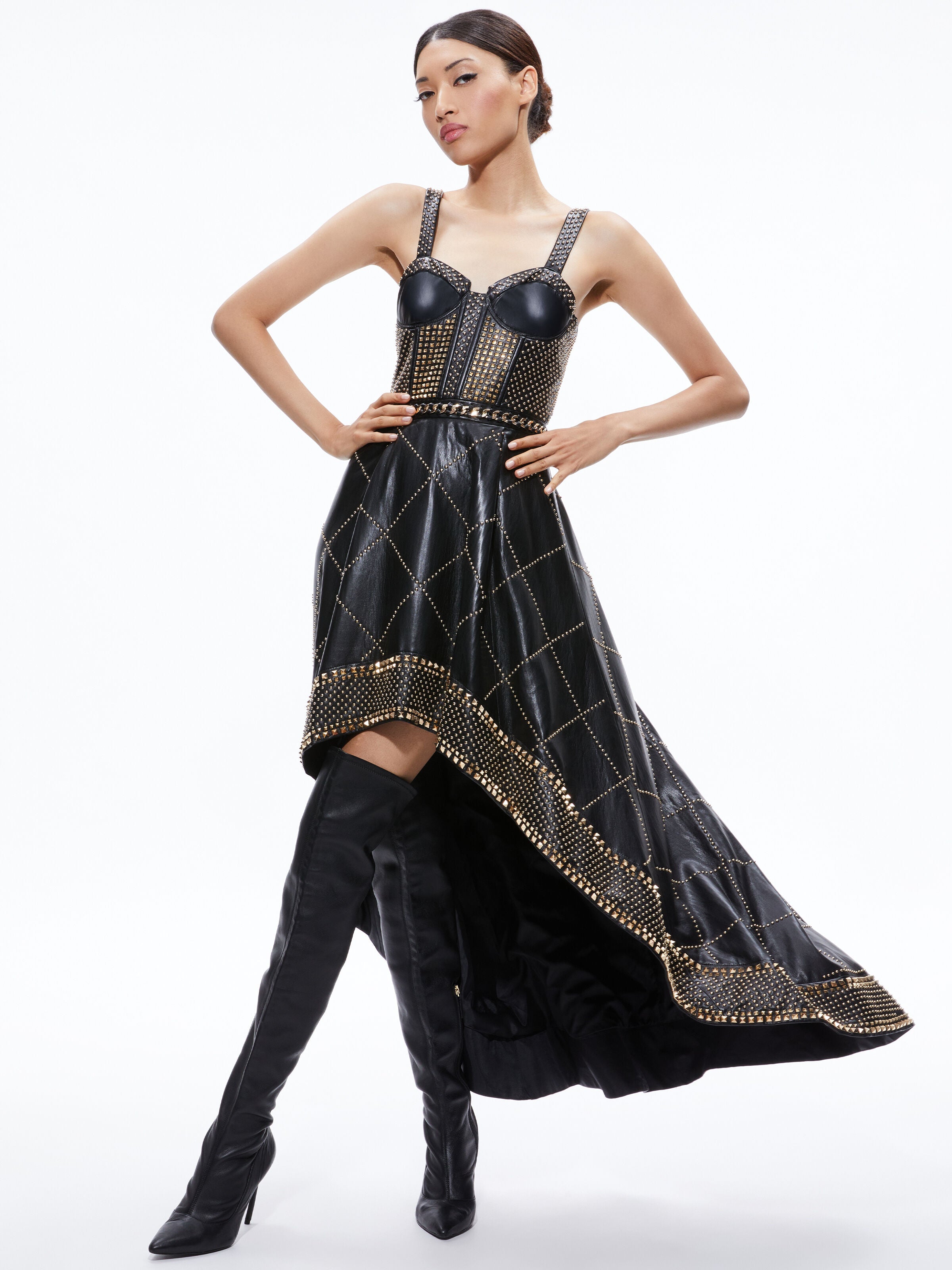 JERLENE STUDDED VEGAN LEATHER CORSET GOWN-Black-ALICE + OLIVIA