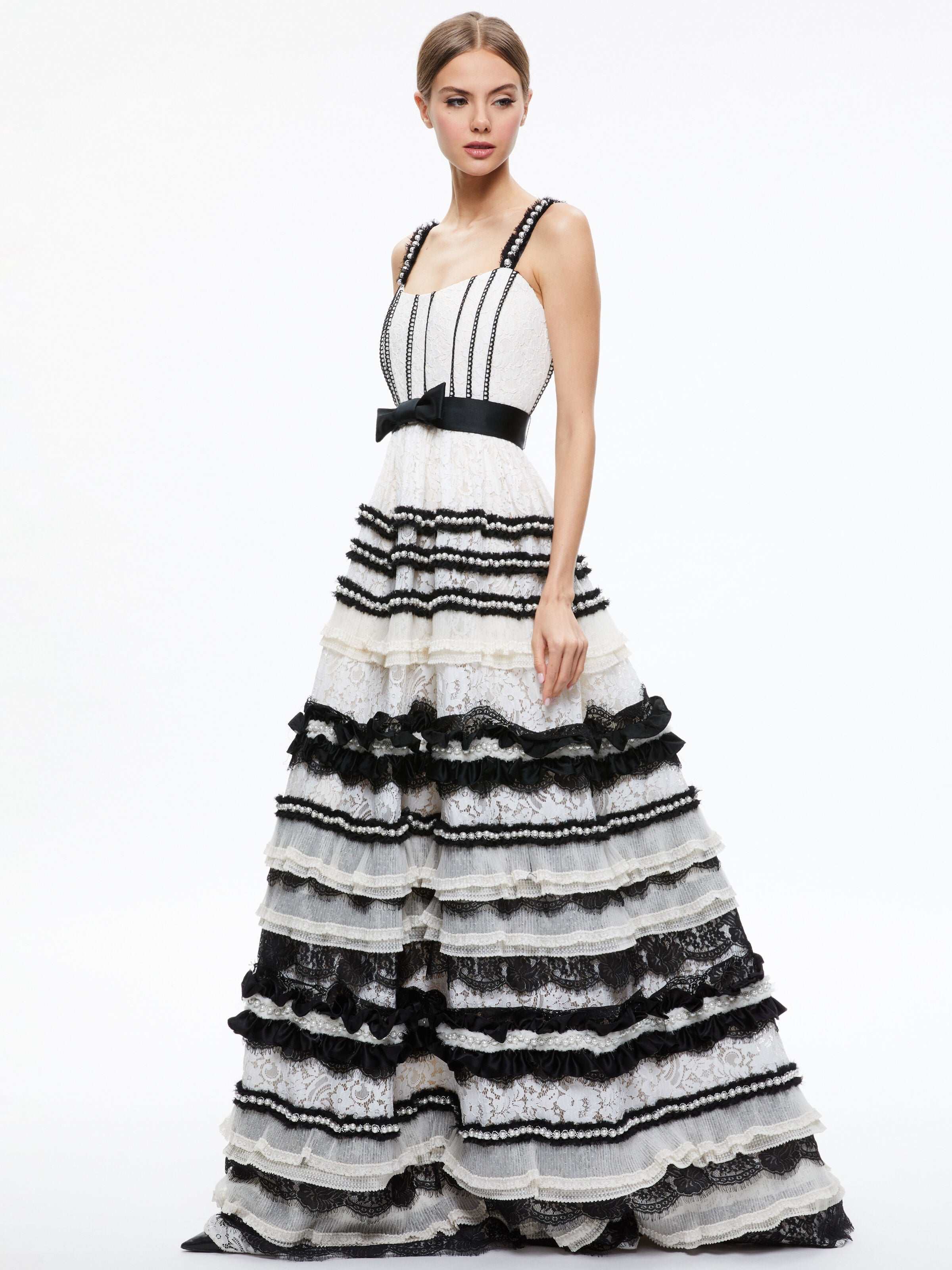 DENITA BUSTIER RUFFLE GOWN-CREAM/BLACK-ALICE + OLIVIA