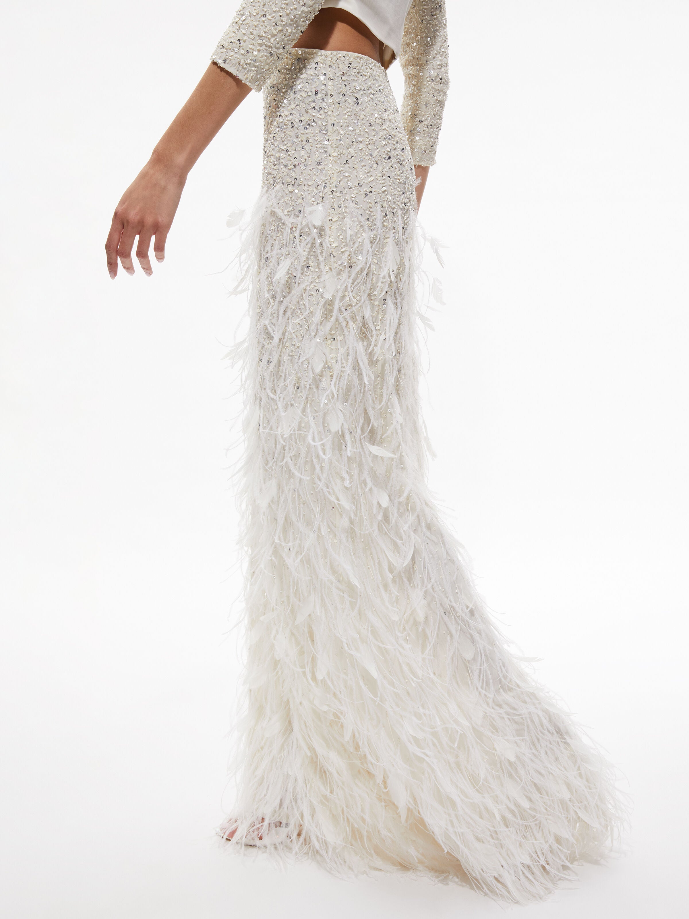 ASHTON FEATHERED SKIRT-ECRU/ECRU-ALICE + OLIVIA