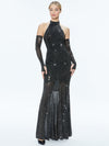 FABIOLA EMBELLISHED HALTER NECK GOWN-BLACK/GUNMETAL-ALICE + OLIVIA