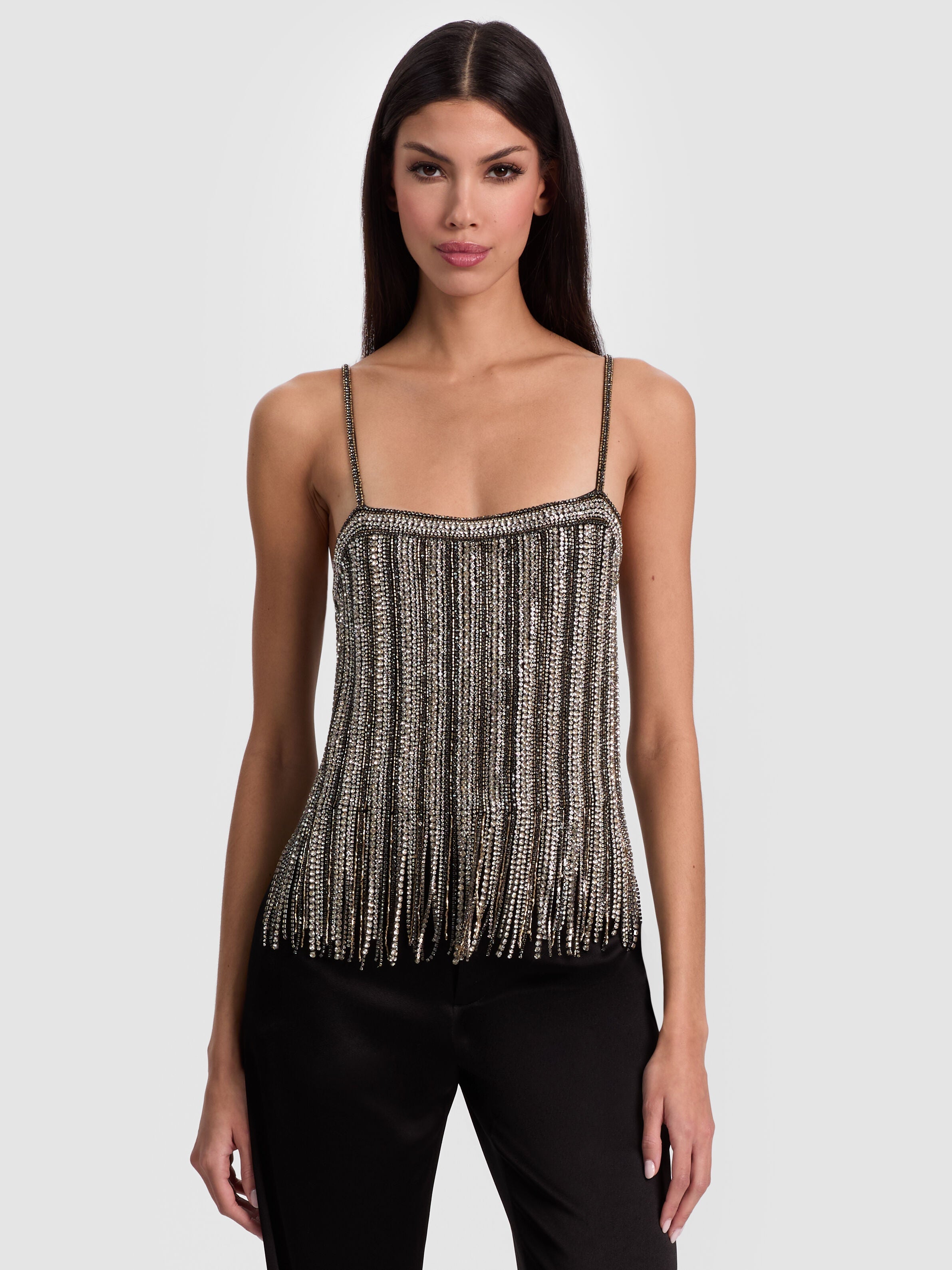 CHI EMBELLISHED FRINGE TANK-BLACK/SILVER-ALICE + OLIVIA