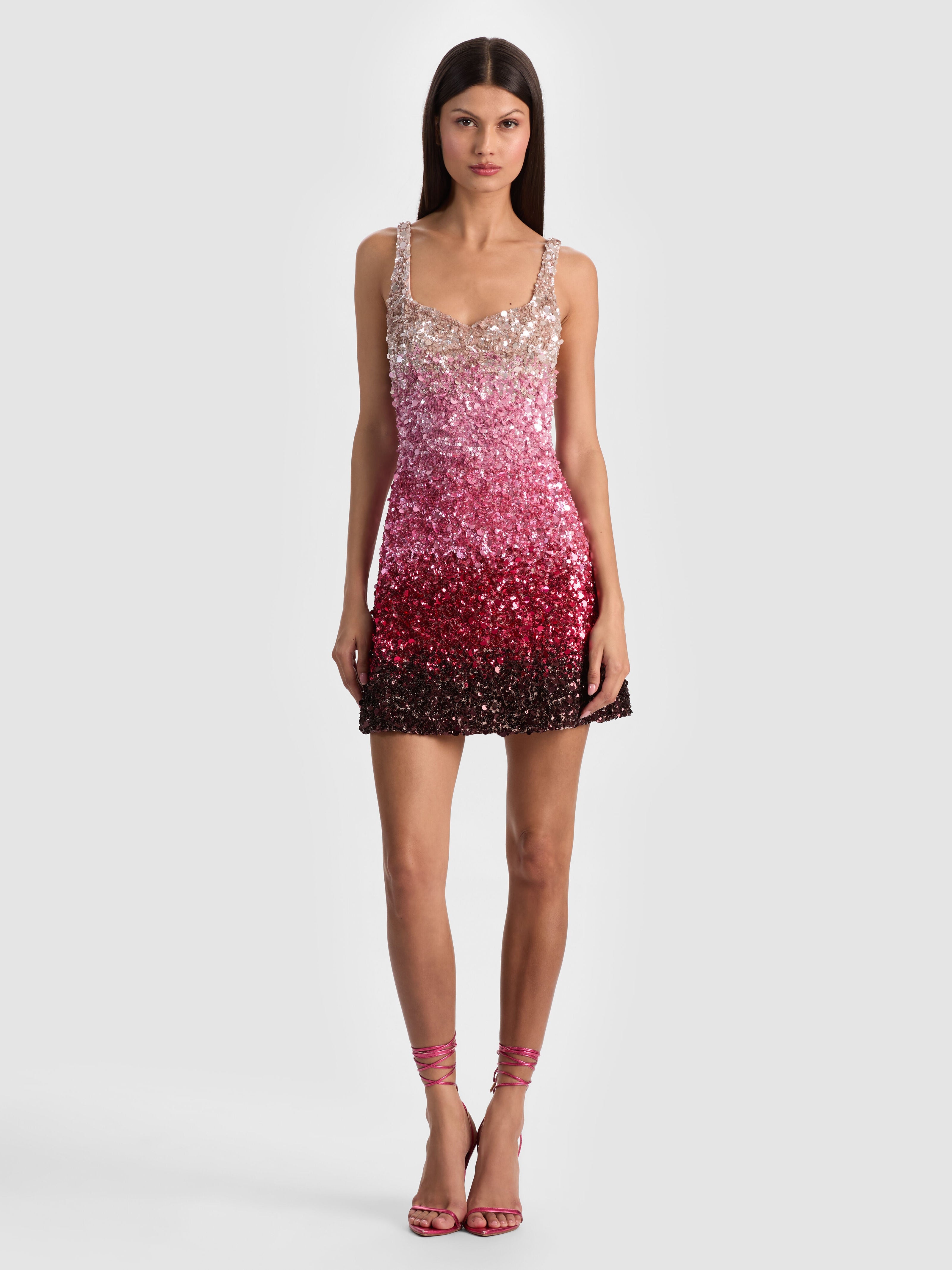 EVE EMBELLISHED MINI DRESS-ASCENDENT OMBRE DEEP PINK-ALICE + OLIVIA