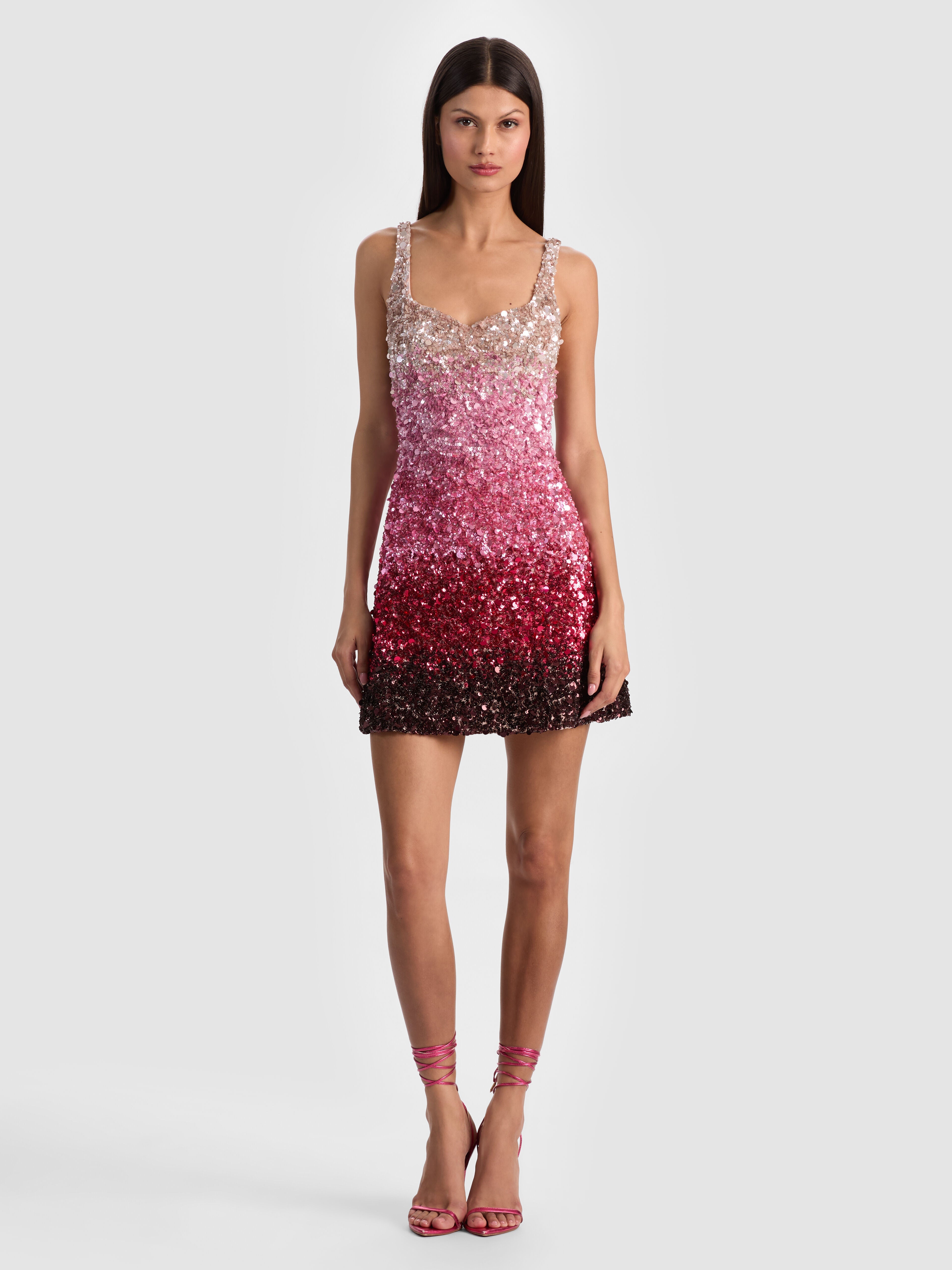EVE EMBELLISHED MINI DRESS-ASCENDENT OMBRE DEEP PINK-ALICE + OLIVIA