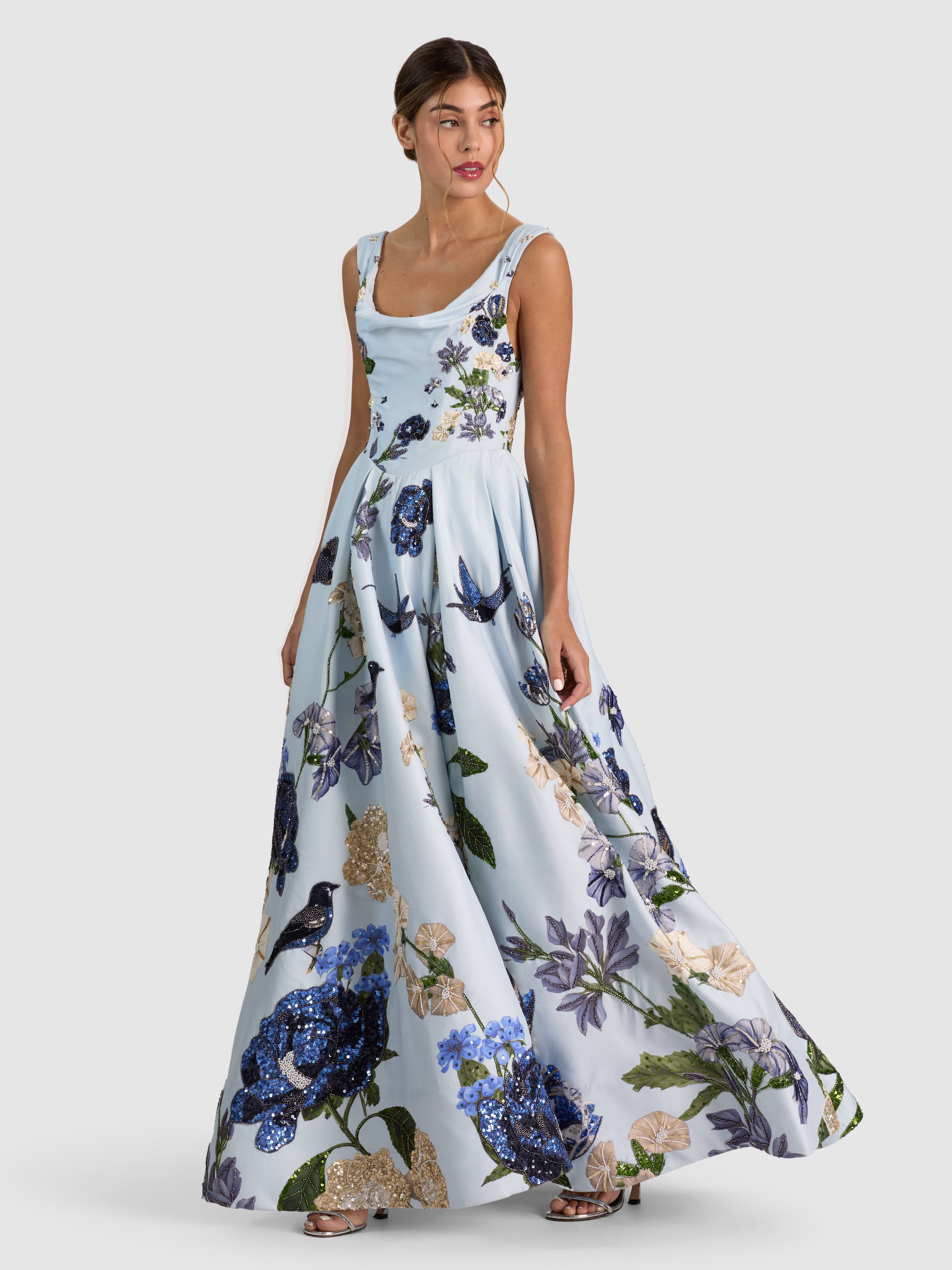 ESTRELLA EMBELL DRAPED FULL FLARE GOWN