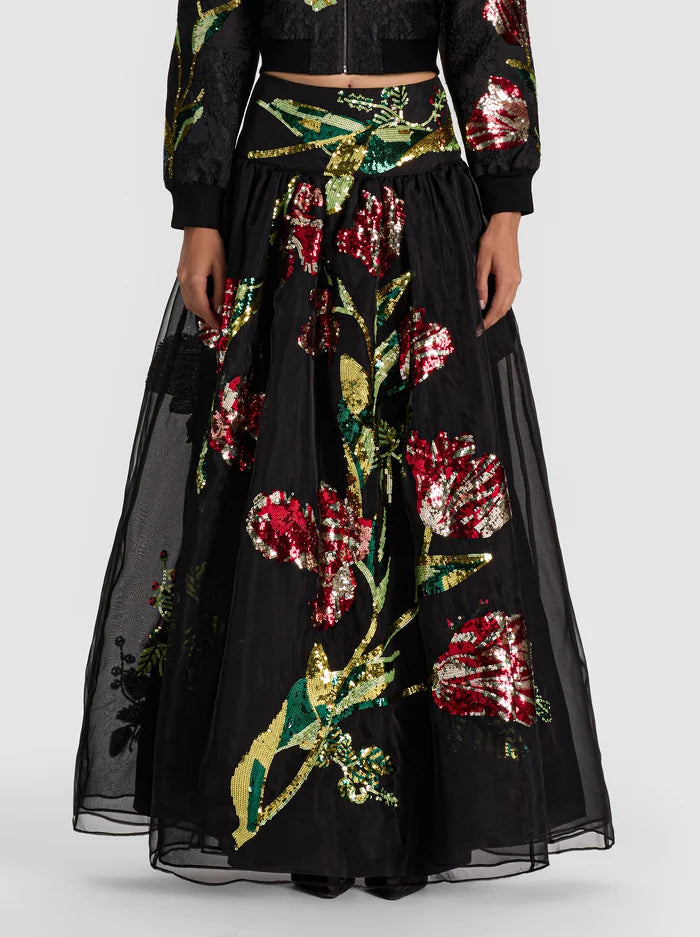 ORIANA EMBELL DROP WAIST MAXI GOWN SKIRT-SOFT TULIP BLACK-ALICE + OLIVIA
