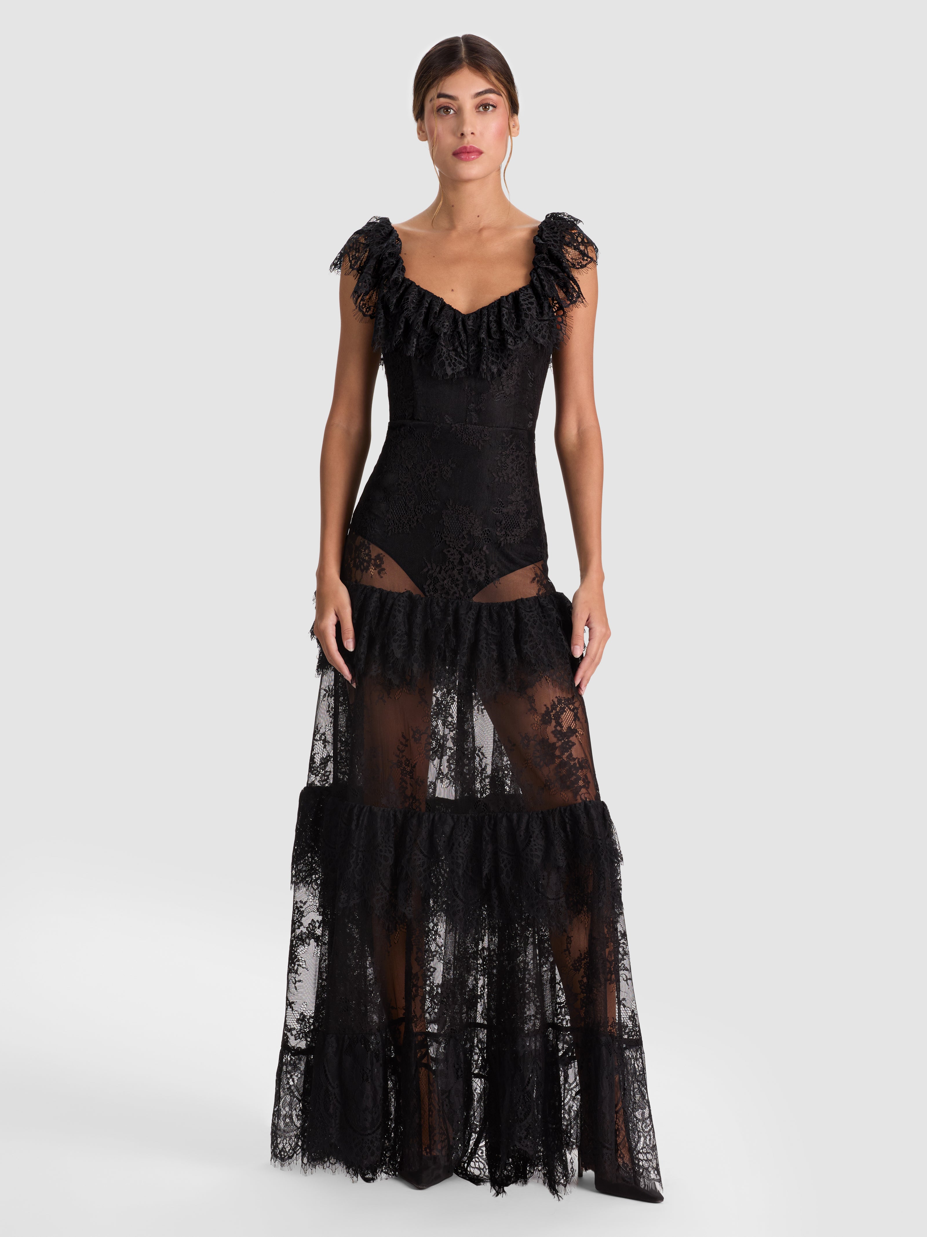 MYRNA OFF SHLDR TIERED LACE GOWN W BOW BELT-Black-ALICE + OLIVIA