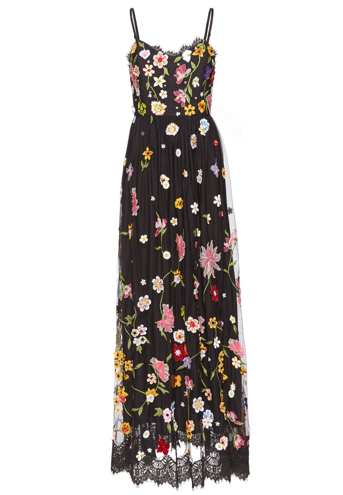 LINDY EMBR VNK SPGHTI STRP GWN-BLACK/MULTI-ALICE + OLIVIA