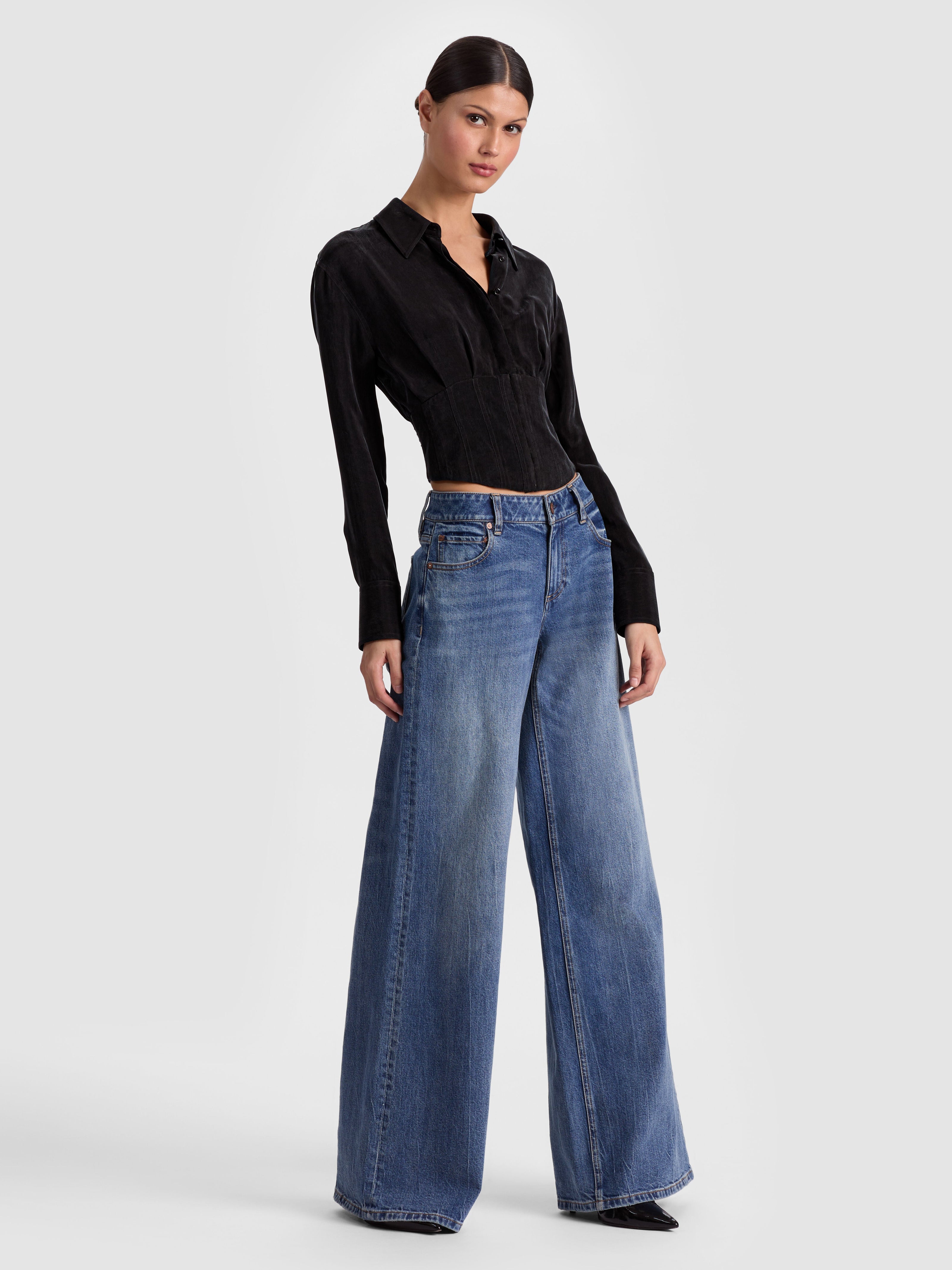 EDIE SEAMED CORSET BUTTON DOWN-ALICE + OLIVIA