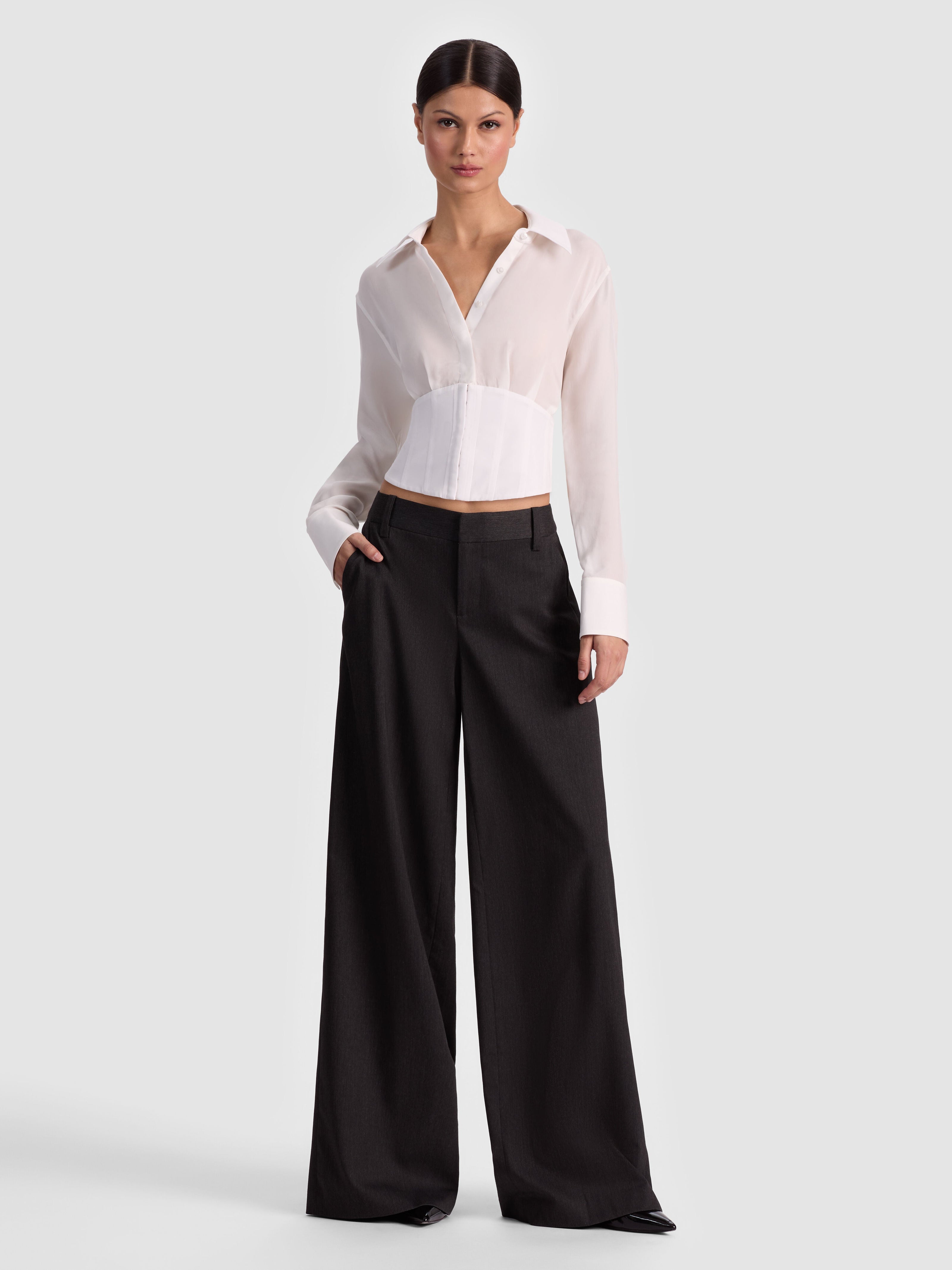 EDIE SEAMED CORSET BUTTON DOWN-ALICE + OLIVIA