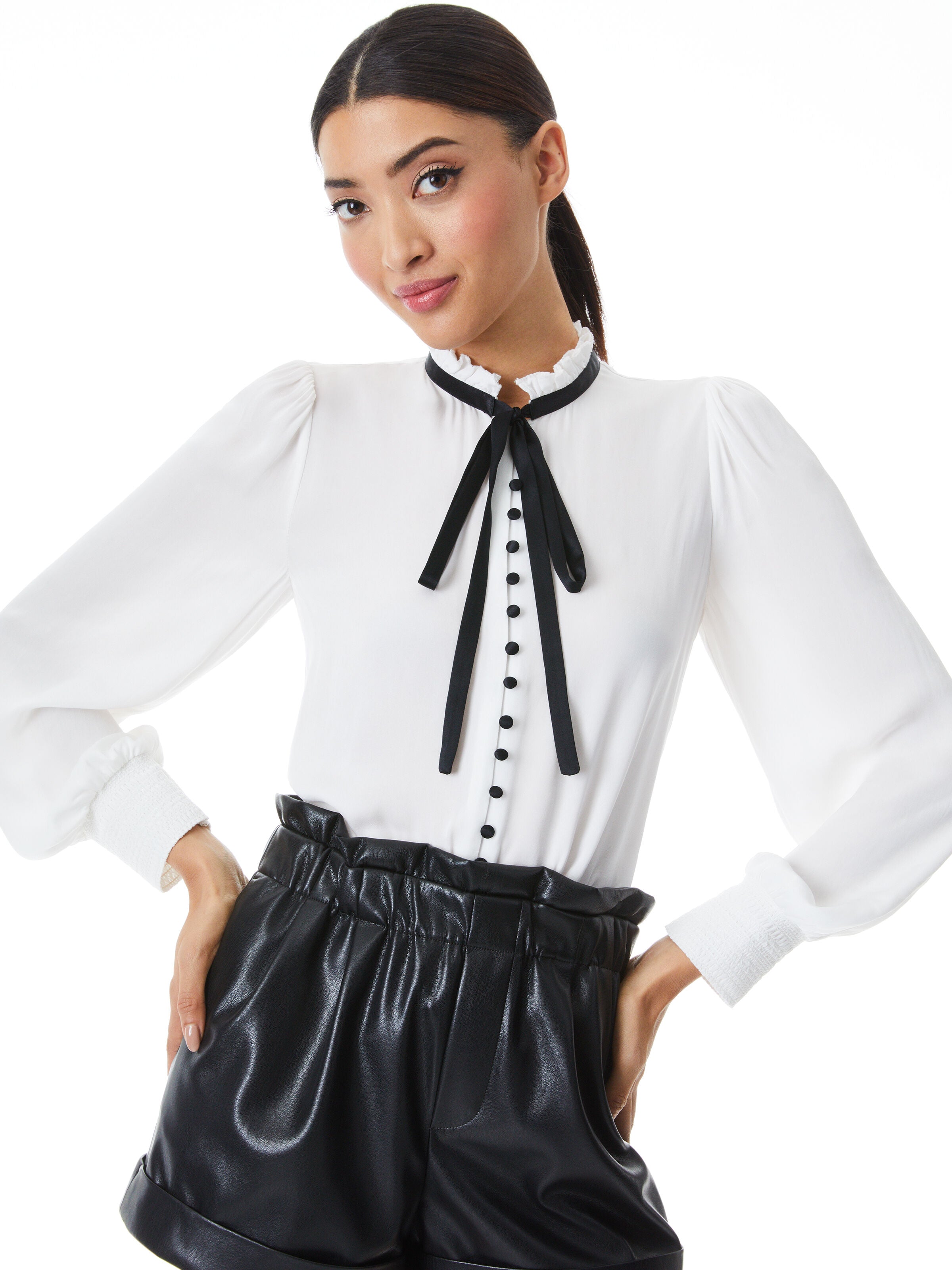 ZINA BUTTON DOWN NECK TIE BLOUSE