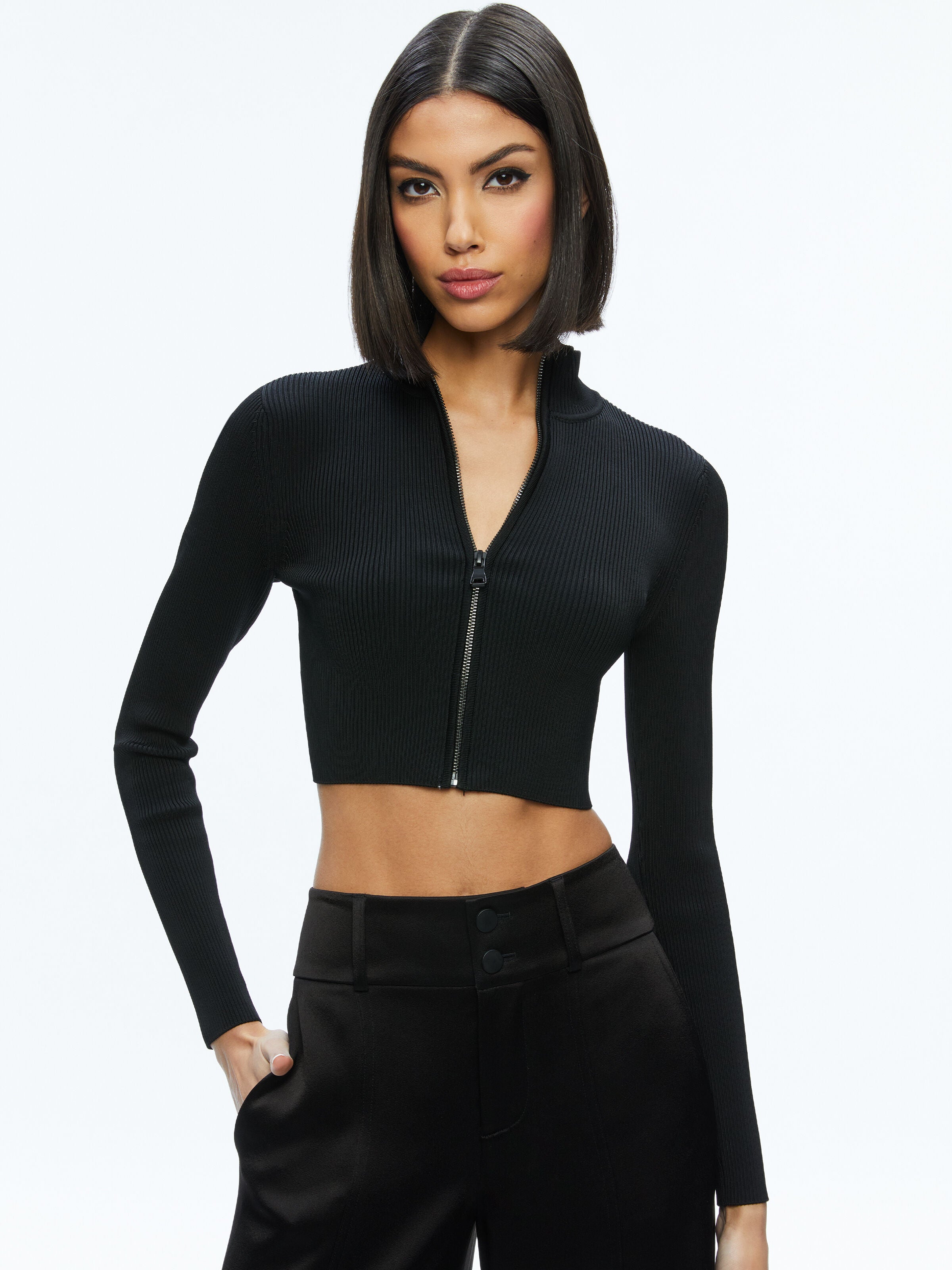 DORRIS RIBBED ZIP UP CARDIGAN-ALICE + OLIVIA