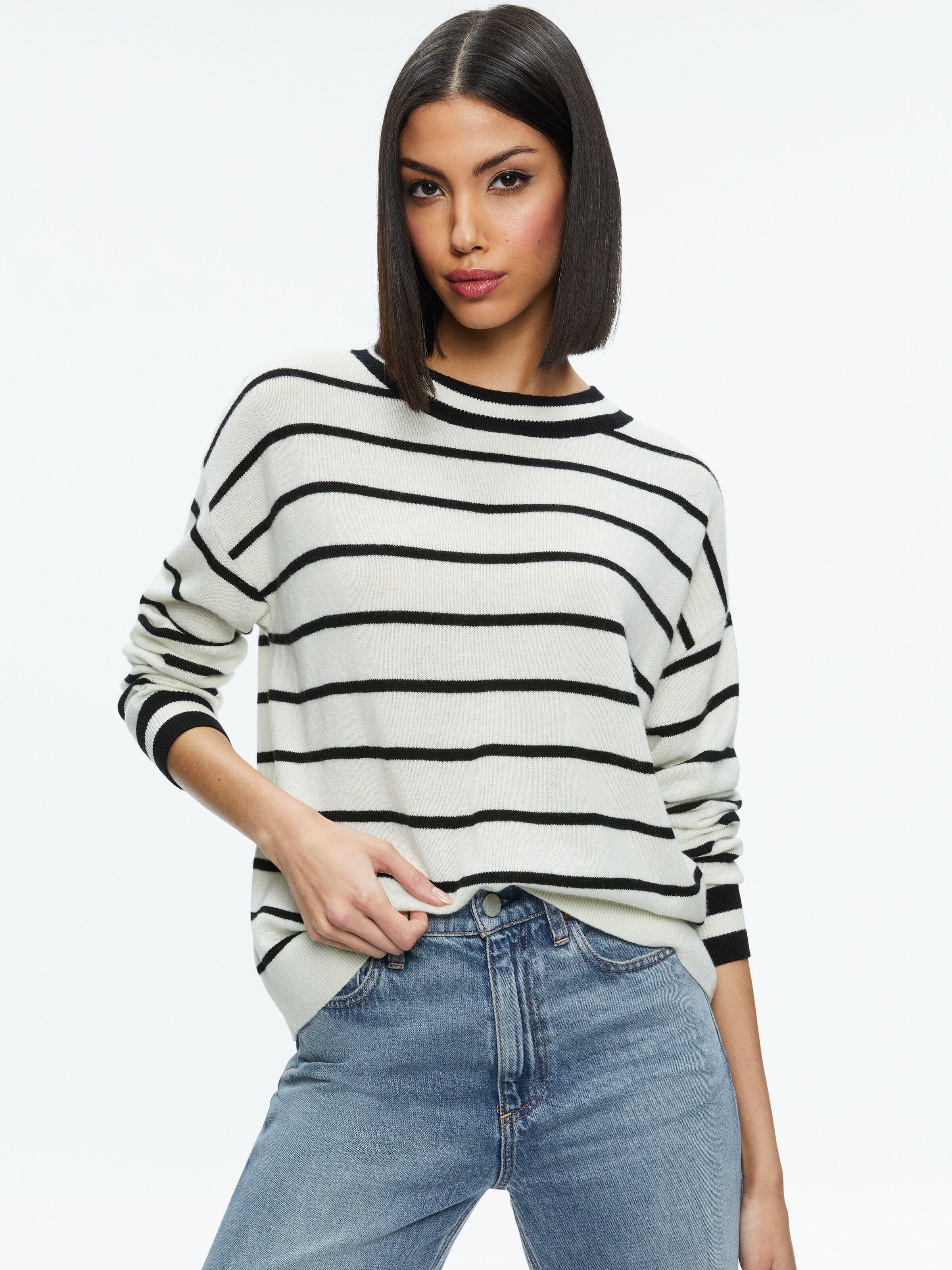 FILA CASHMERE CREW NECK PULLOVER-BLACK/ECRU-ALICE + OLIVIA