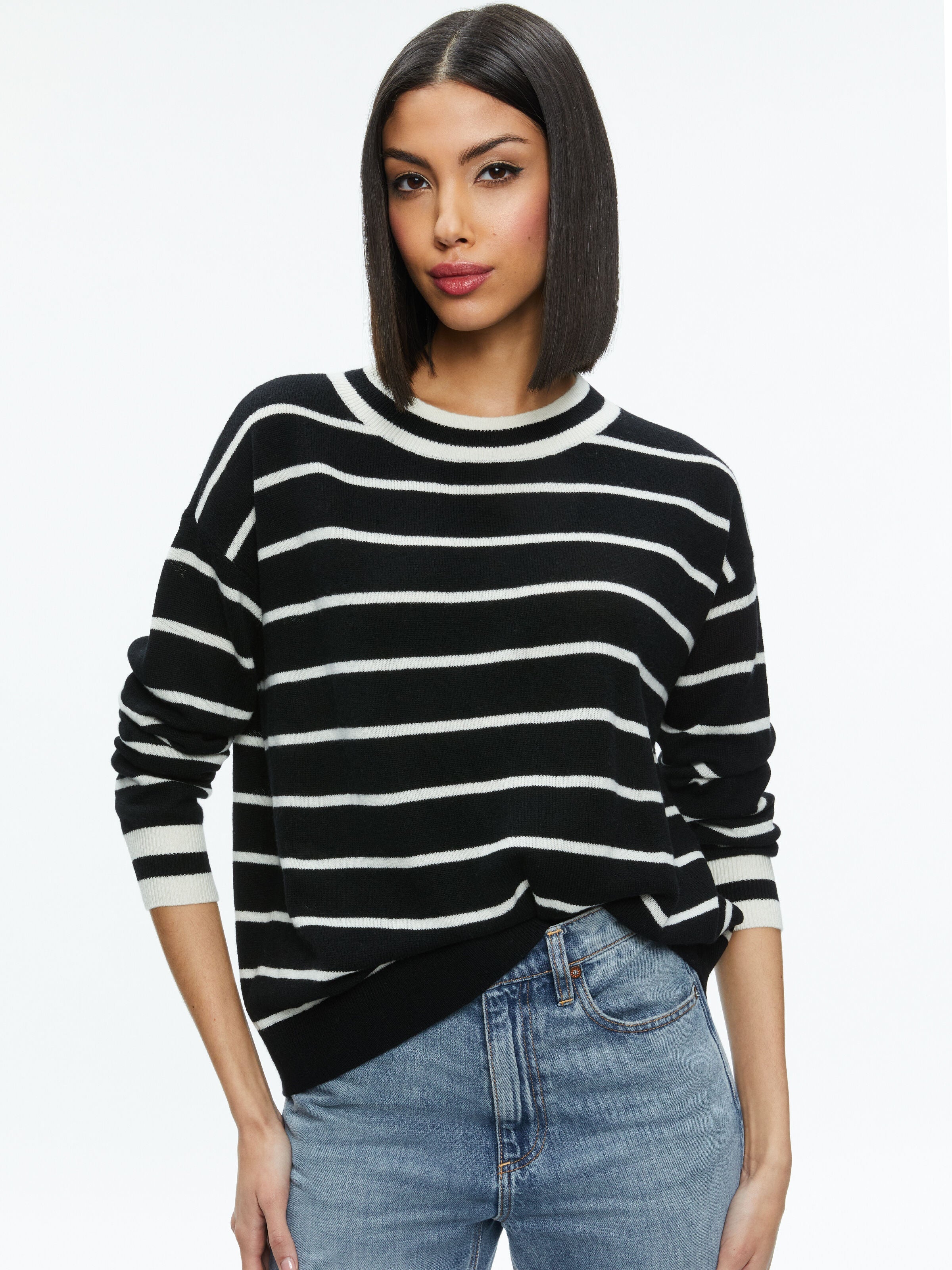 FILA CASHMERE CREW NECK PULLOVER-BLACK/ECRU-ALICE + OLIVIA