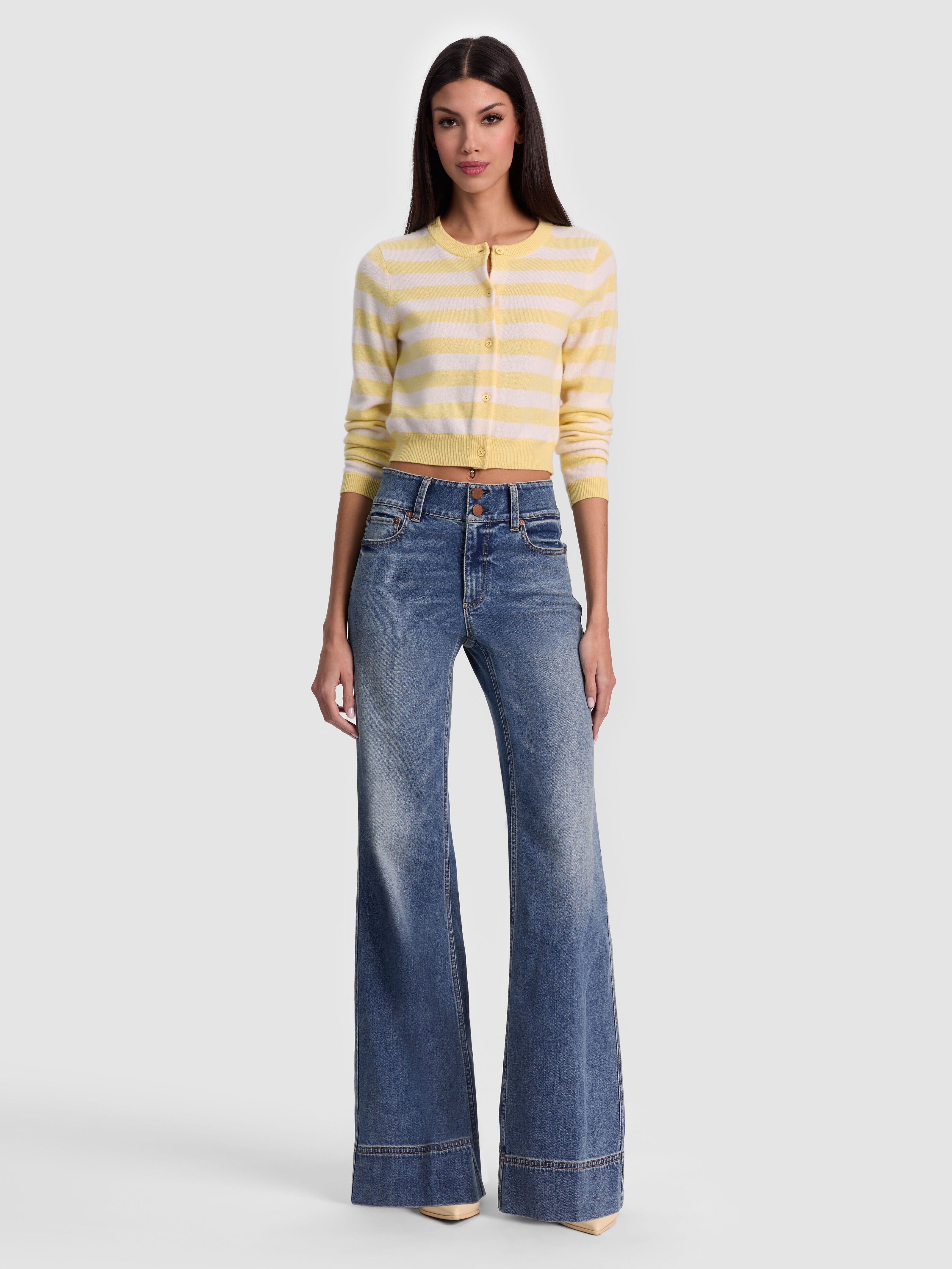 DOLLIE STRIPED CASHMERE CARDIGAN-BUTTER/ECRU-ALICE + OLIVIA
