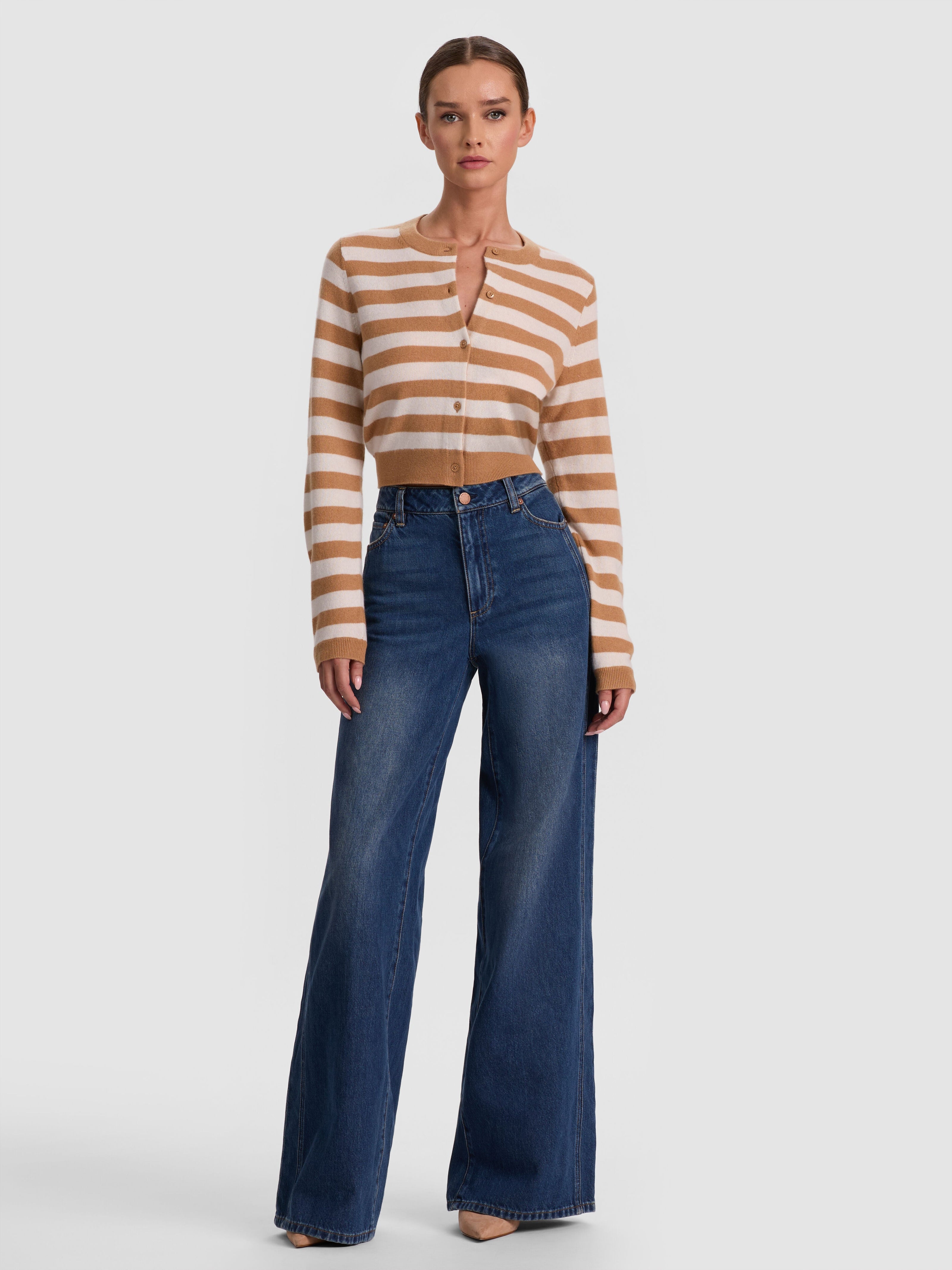DOLLIE STRIPED CASHMERE CARDIGAN-PRALINE/ECRU-ALICE + OLIVIA