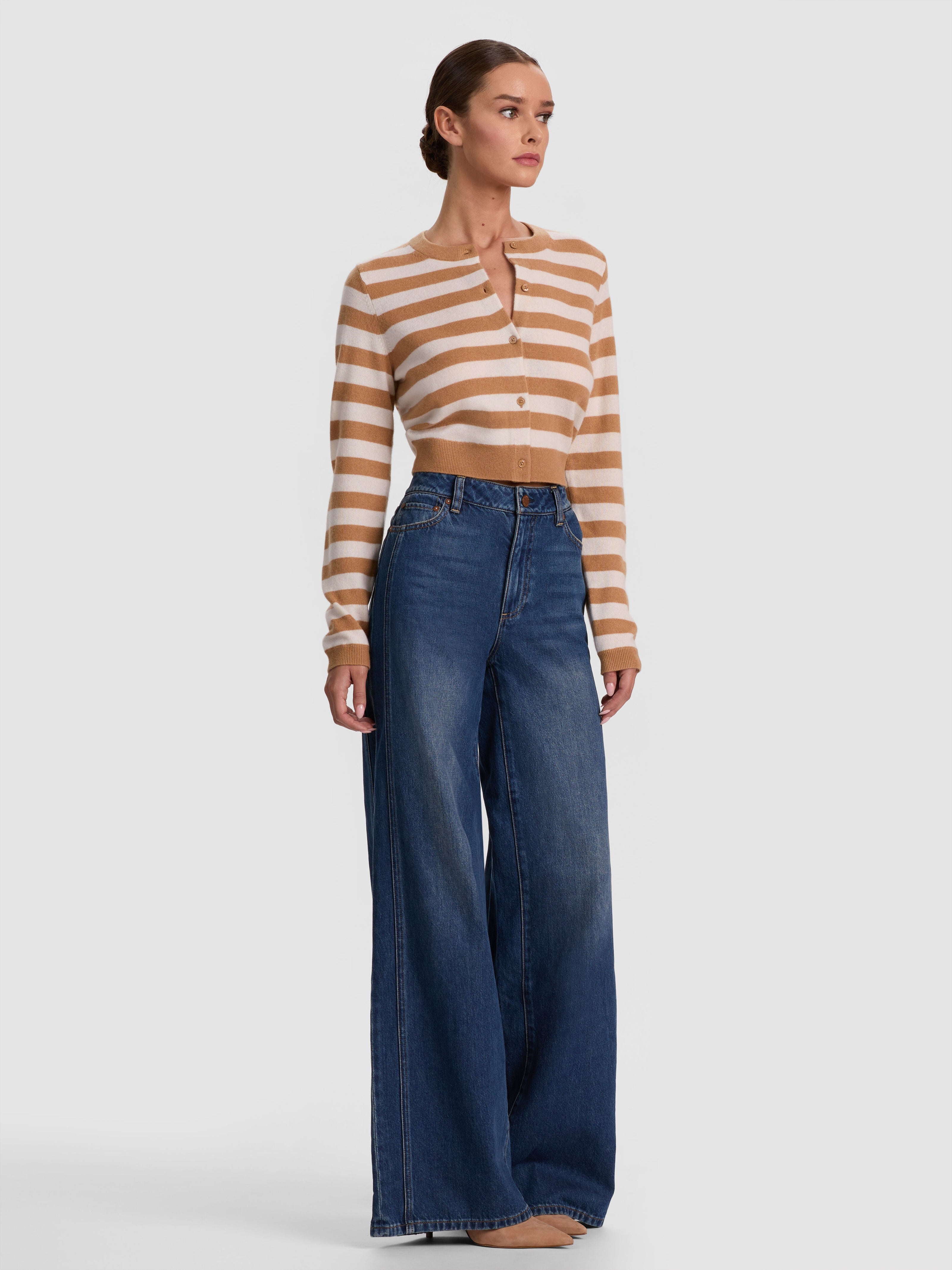DOLLIE STRIPED CASHMERE CARDIGAN-PRALINE/ECRU-ALICE + OLIVIA