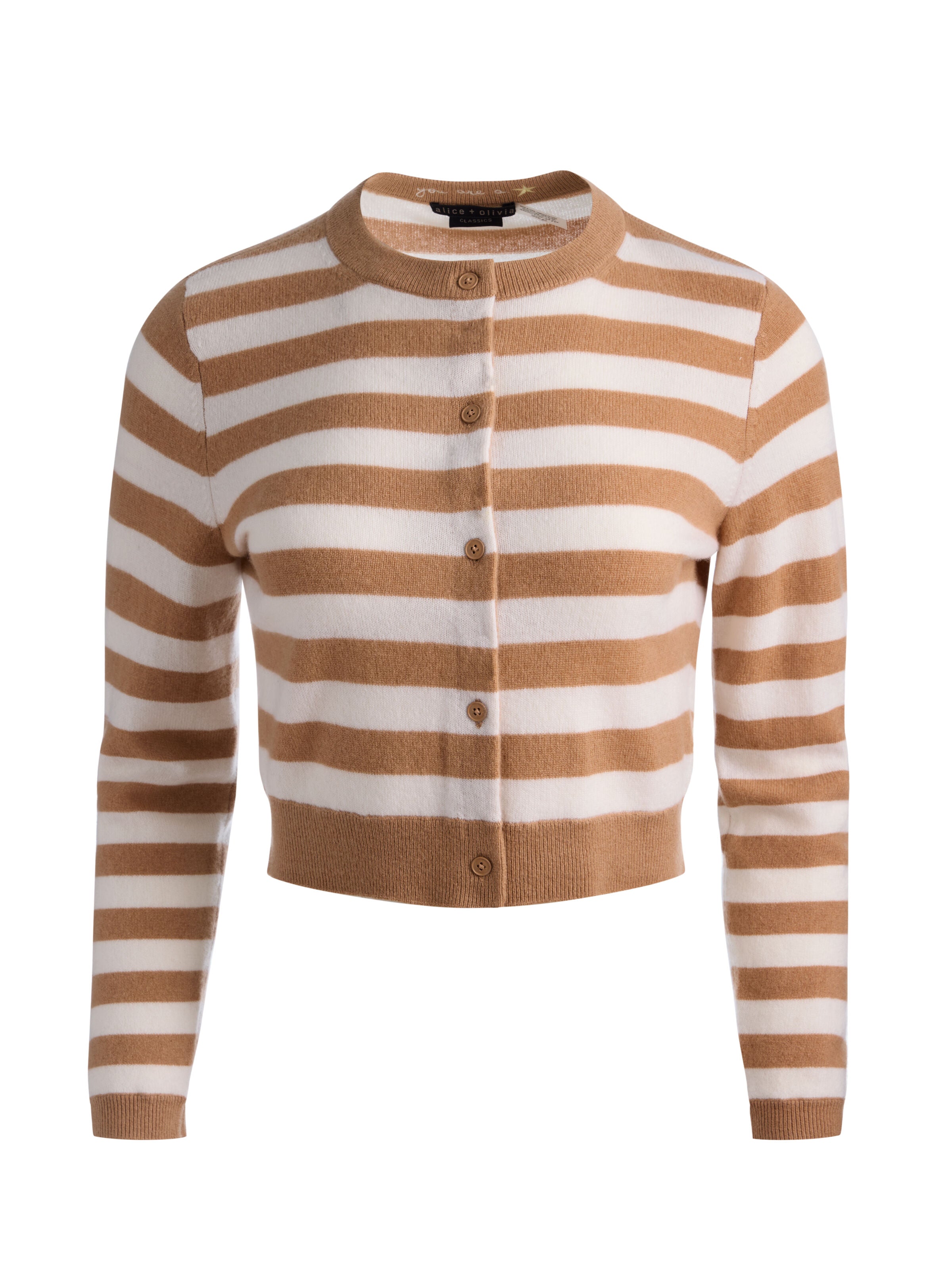 DOLLIE STRIPED CASHMERE CARDIGAN-PRALINE/ECRU-ALICE + OLIVIA