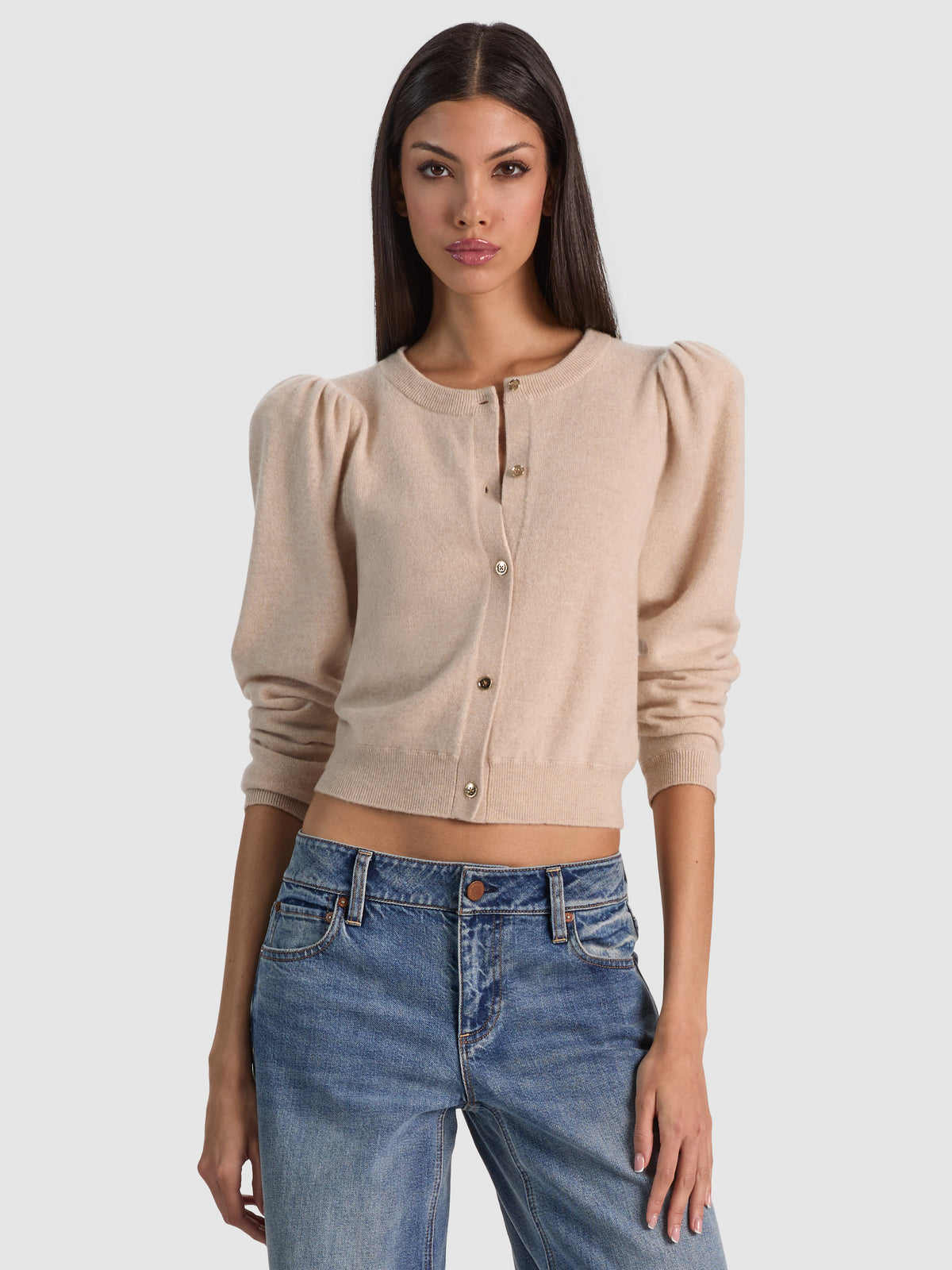 DOLLIE PUFF SLEEVE CARDIGAN - OATMEAL HEATHER