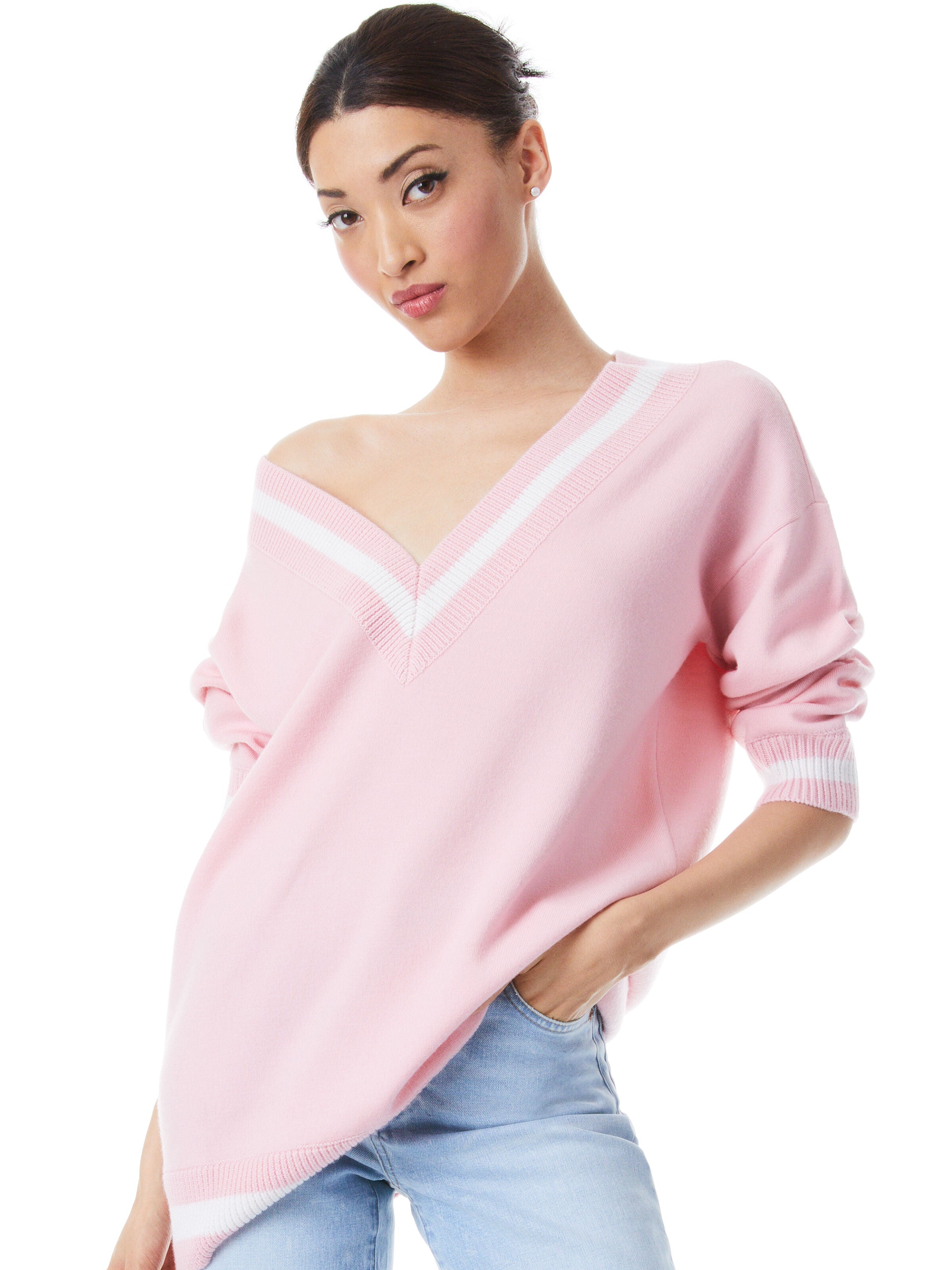 CLEMENT V-NECK VARSITY STRIPE PULLOVER-ALICE + OLIVIA