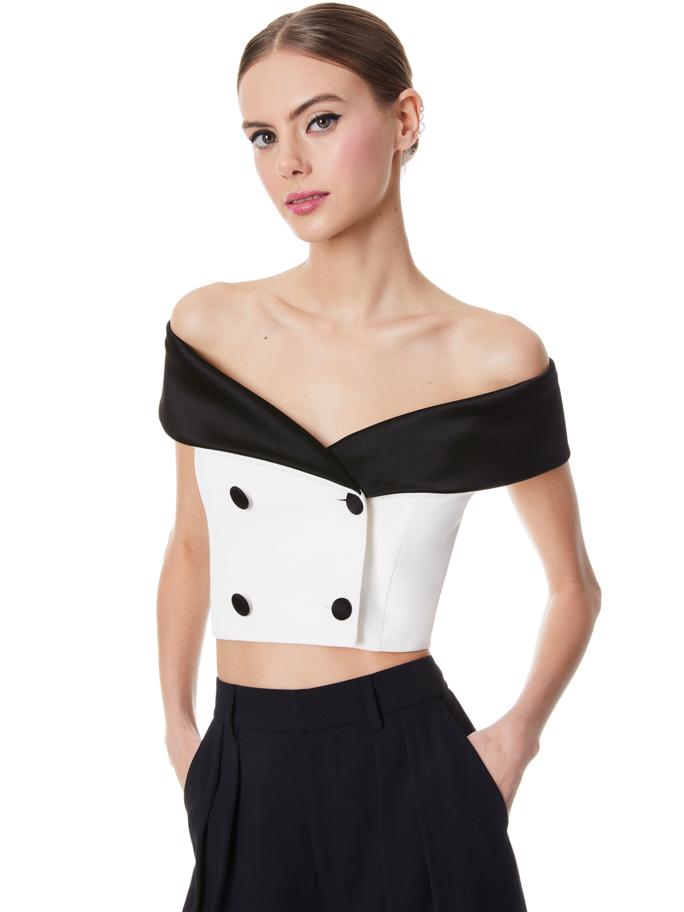 AVALON OFF SHOULDER DOUBLE BREASTED CROP TOP-ALICE + OLIVIA