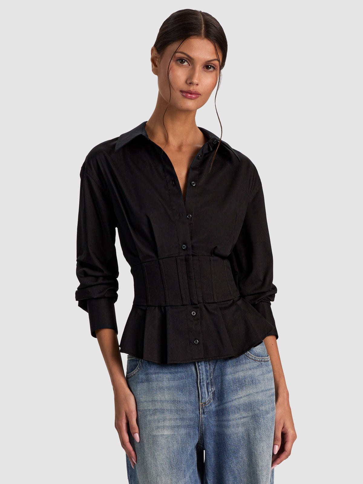 EDIE GATHERED CORSET BUTTON DOWN-ALICE + OLIVIA