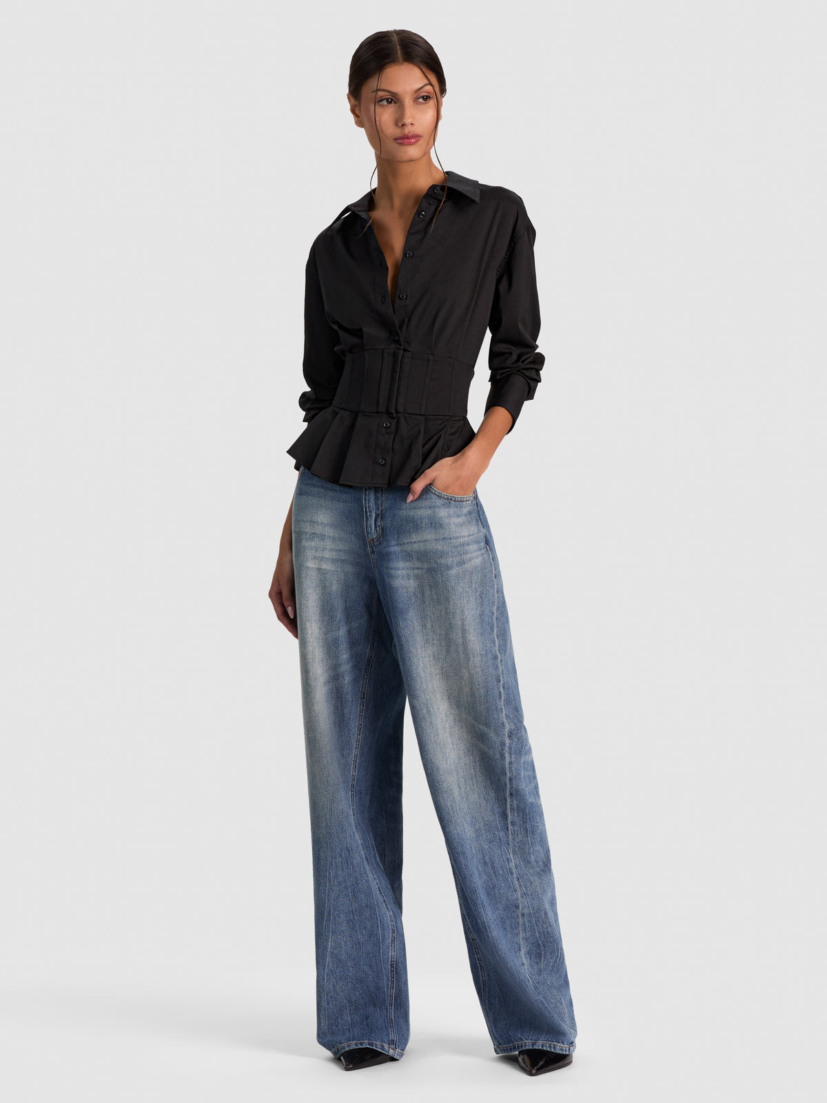 EDIE GATHERED CORSET BUTTON DOWN - BLACK